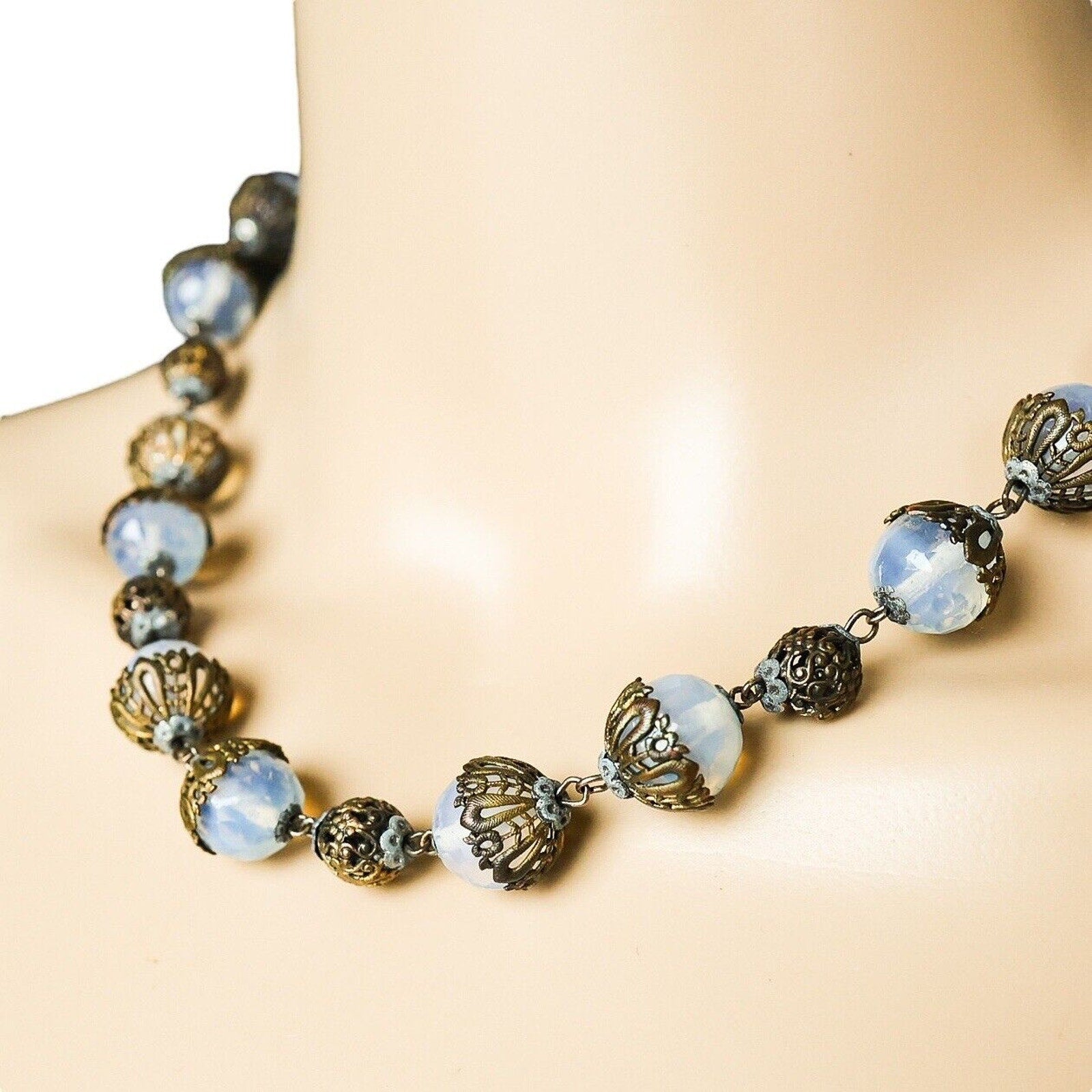 Vintage Czech Opaline Faceted Glass Beaded Necklace W Filigree Cups