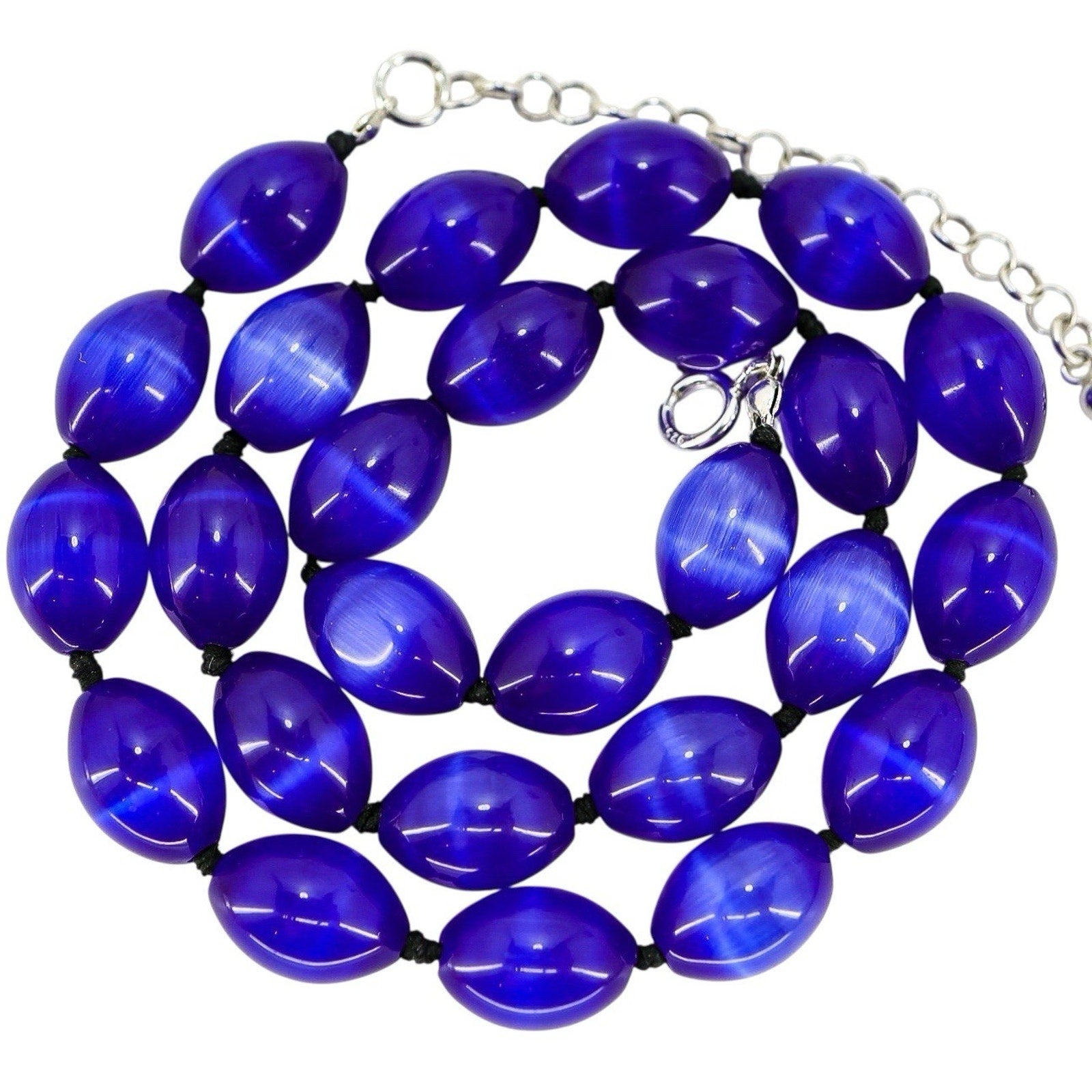 Vintage Cobalt Blue Cats Eye Oval Satin Glass Bead Necklace 925 Clasp