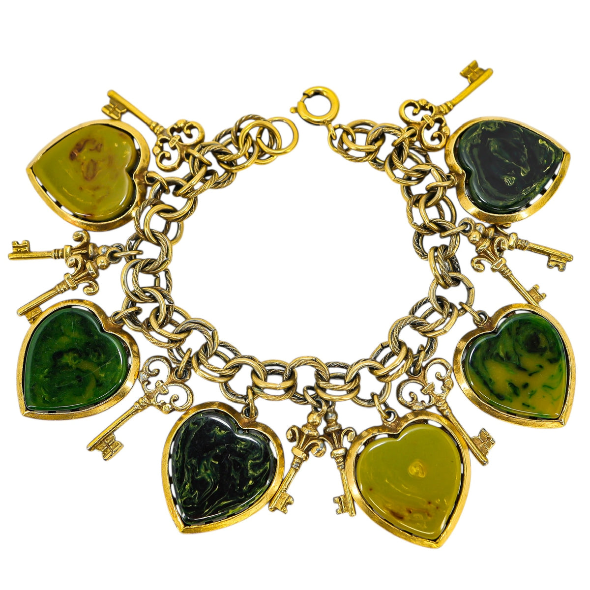 Vintage Bakelite Heart & Key Charm Bracelet - MCM Victorian Revival