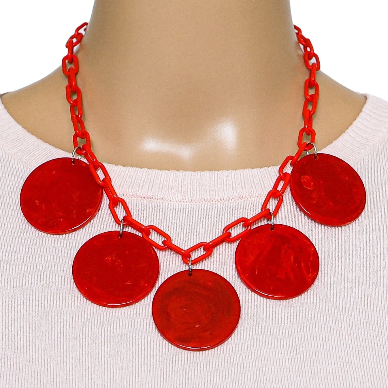 Vintage Bakelite MOD Red Disk Necklace W Plastic Chain – Geometric Statement