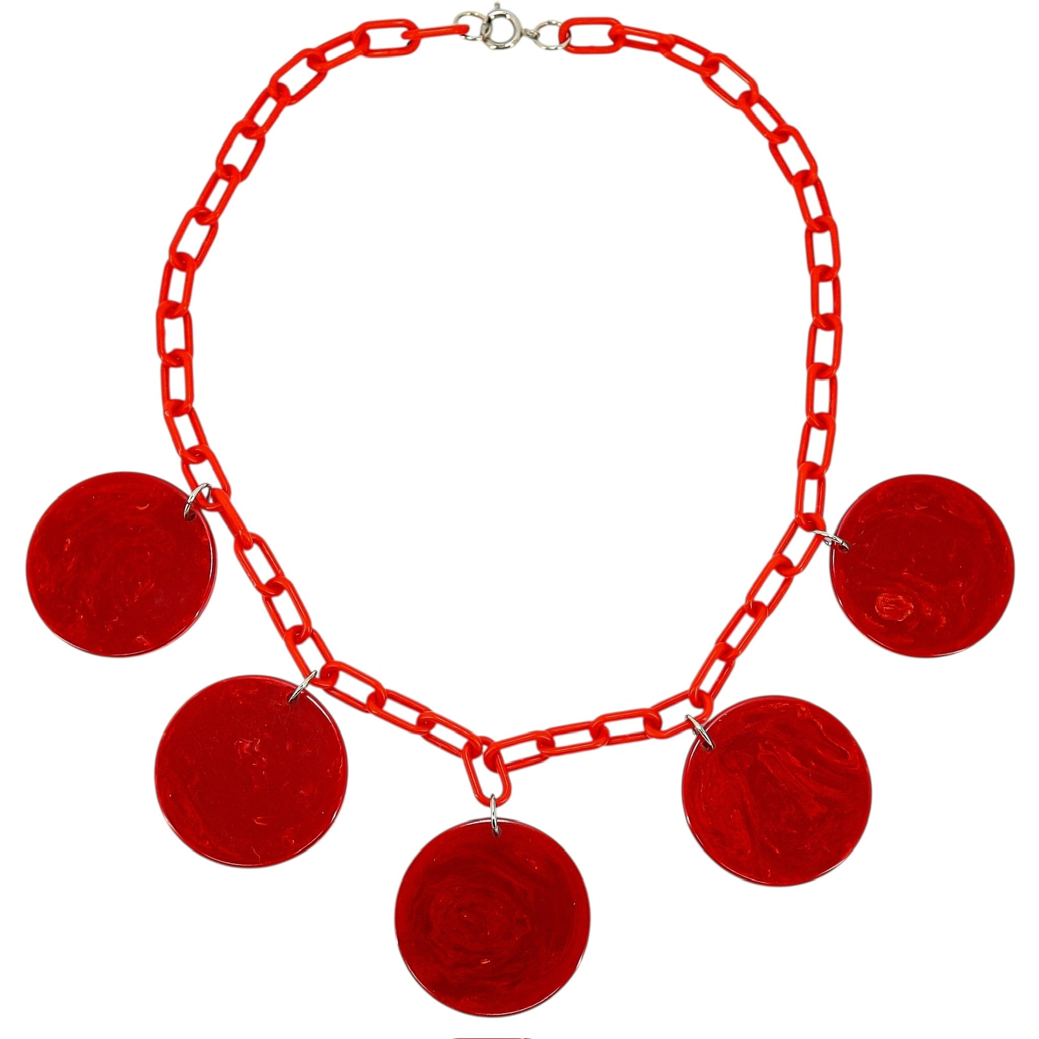 Vintage MOD Red Bakelite Disk Necklace W Plastic Chain – Geometric Statement