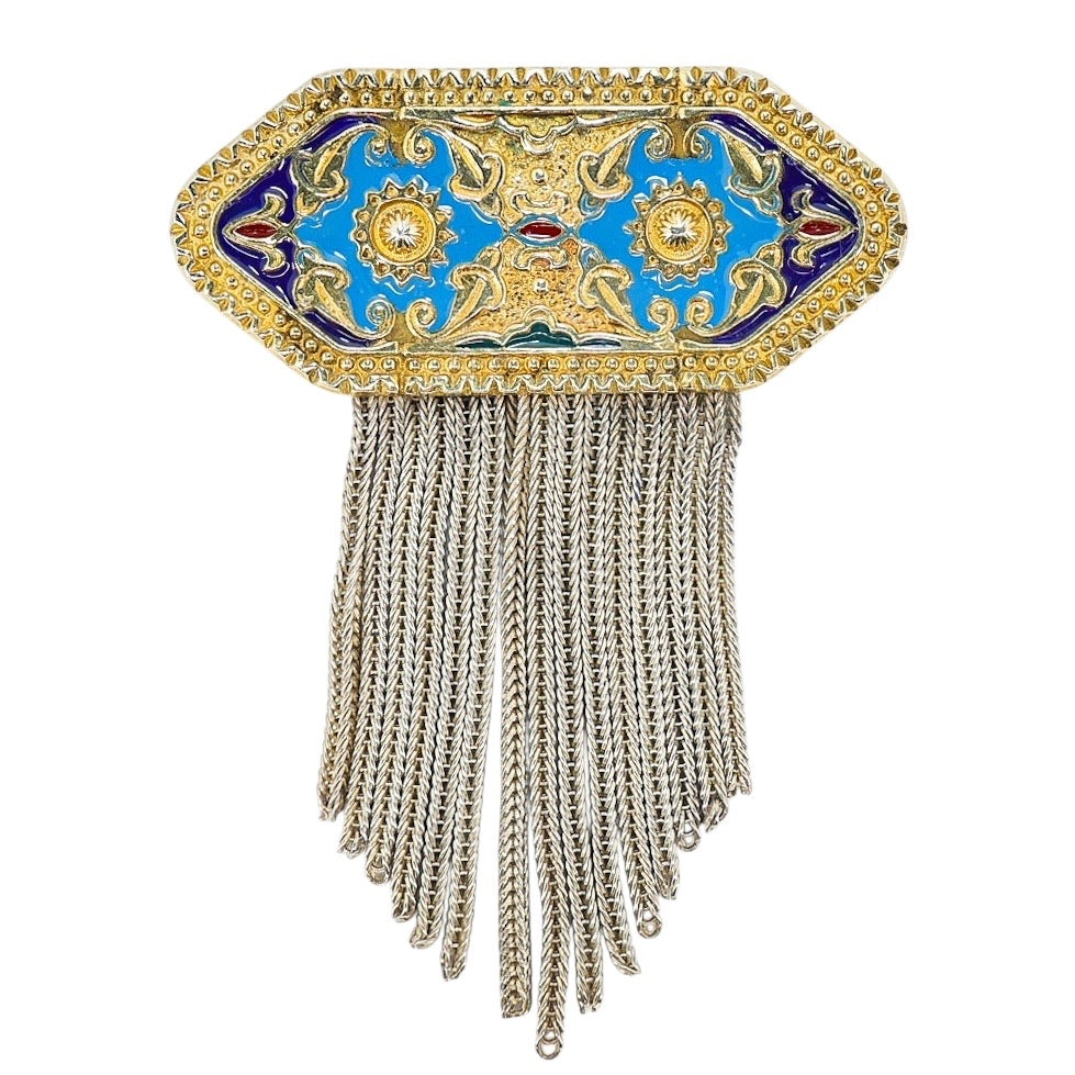Vintage BANU Sterling 925 Blue Enamel Tassel Brooch Turkish Ottoman Revival