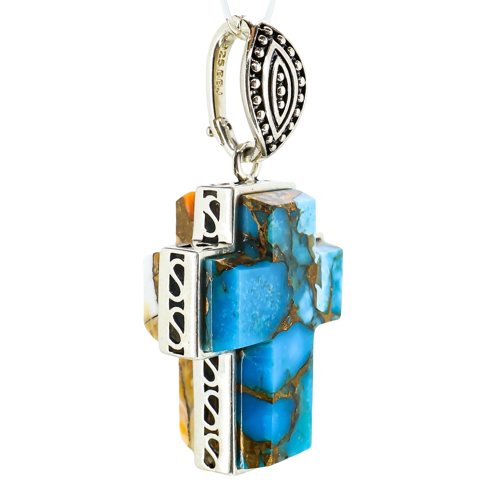BBJ Reversible Turquoise And Spiny Oyster Composite Sterling Silver Cross Pendant