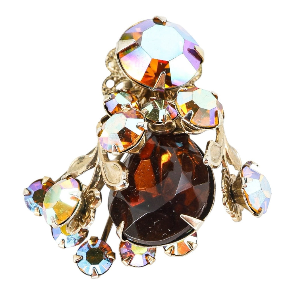 Large Vintage Mid Century Rhinestone Clip On Earrings Faux Topaz AB Filigree