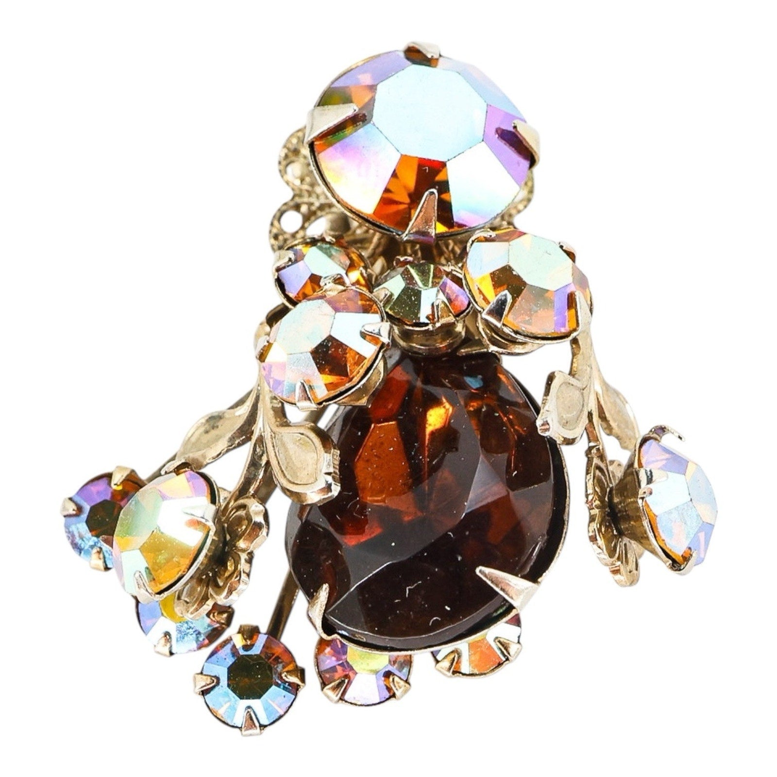 Large Vintage Mid Century Rhinestone Clip On Earrings Faux Topaz AB Filigree