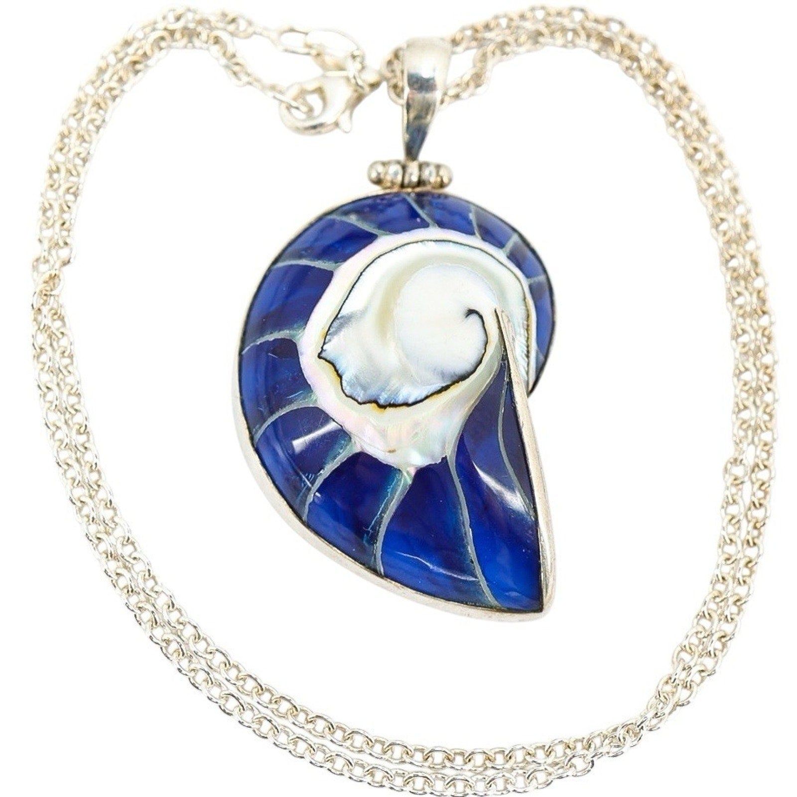 Sterling Silver Nautilus Pendant Necklace – Blue Resin Inlay & Mother of Pearl