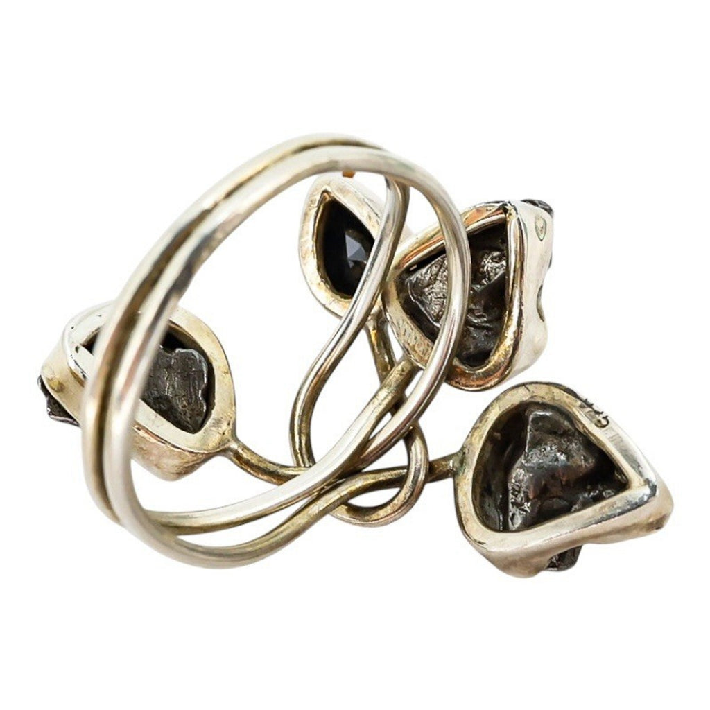 Sterling Artisan Ring Brutalist Organic Modernist Raw Stones Faceted Black Gem