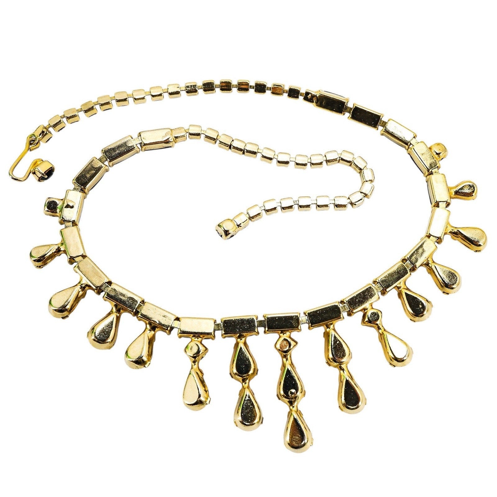 Vintage Mid Century Glam Black Glass Rhinestone Necklace & Clip-On Earrings Set