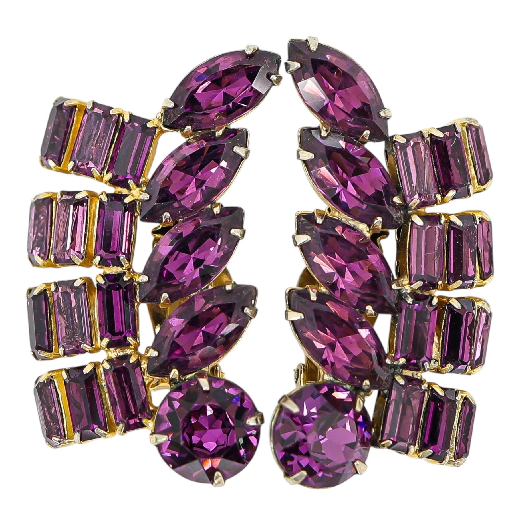 Vintage Signed Bellini Purple Rhinestones Clip On Earrings 2 inch Statement