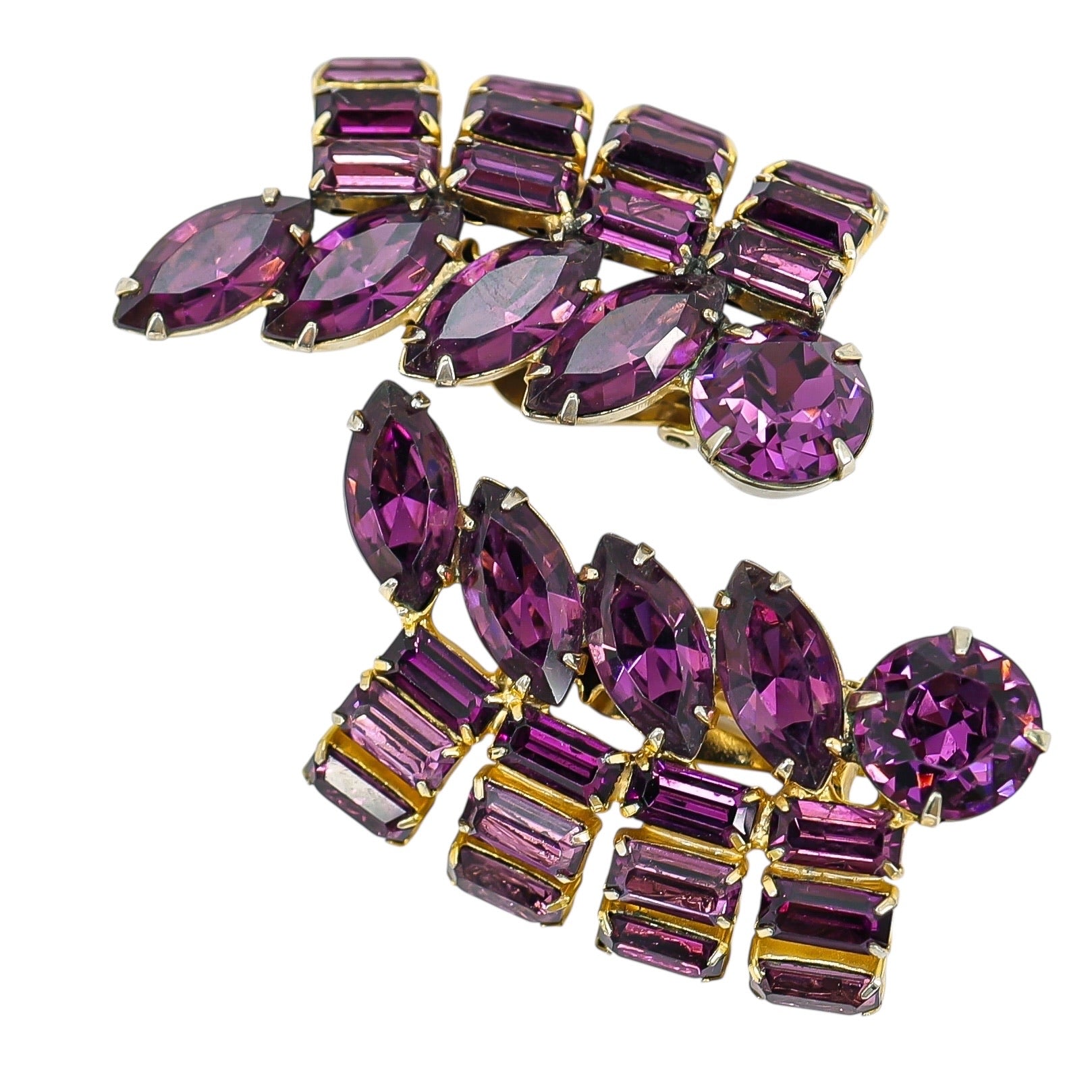 Vintage Signed Bellini Purple Rhinestones Clip On Earrings 2 inch Statement