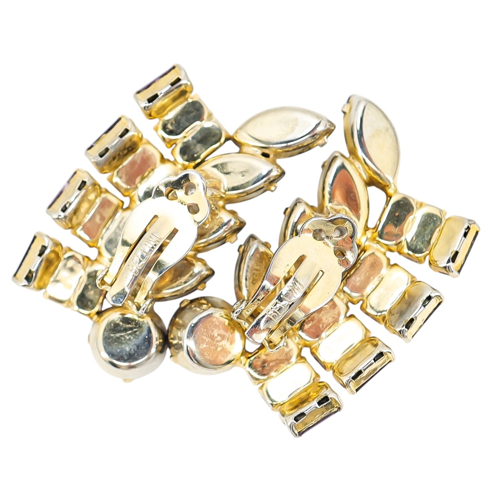 Vintage Signed Bellini Purple Rhinestones Clip On Earrings 2 inch Statement