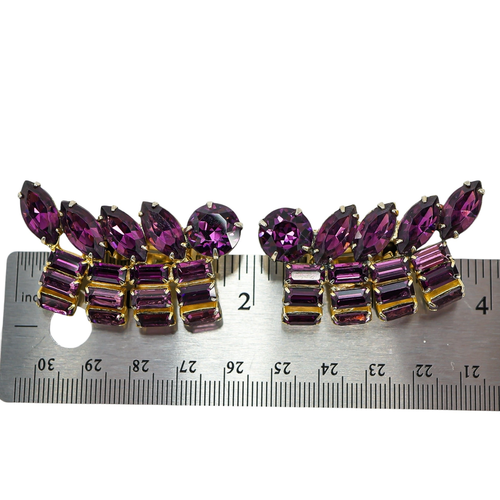 Vintage Signed Bellini Purple Rhinestones Clip On Earrings 2 inch Statement
