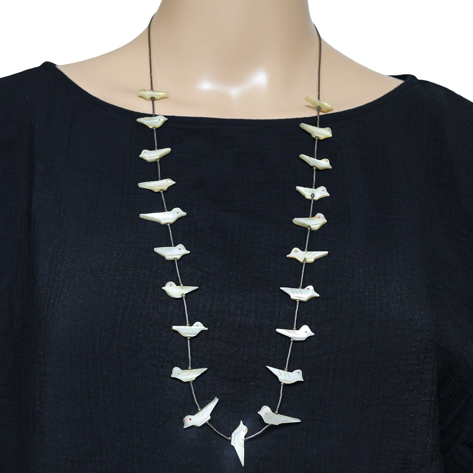 Vintage Southwestern Fetish Bird Necklace Carved Shell MOP Silver Tube Beads 30"