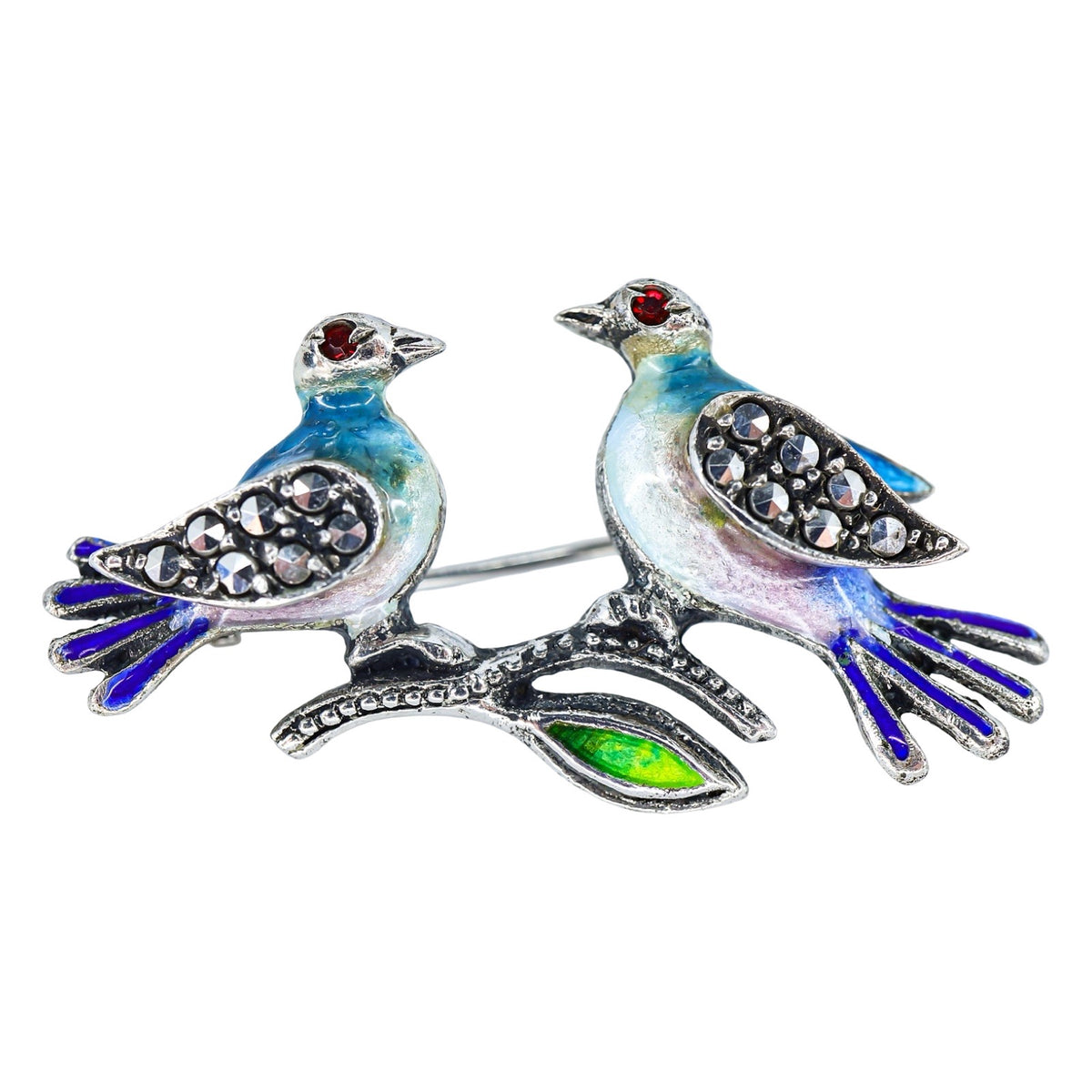 Vintage Sterling Enamel Marcasite Lovebirds Brooch Attributed Alice Caviness