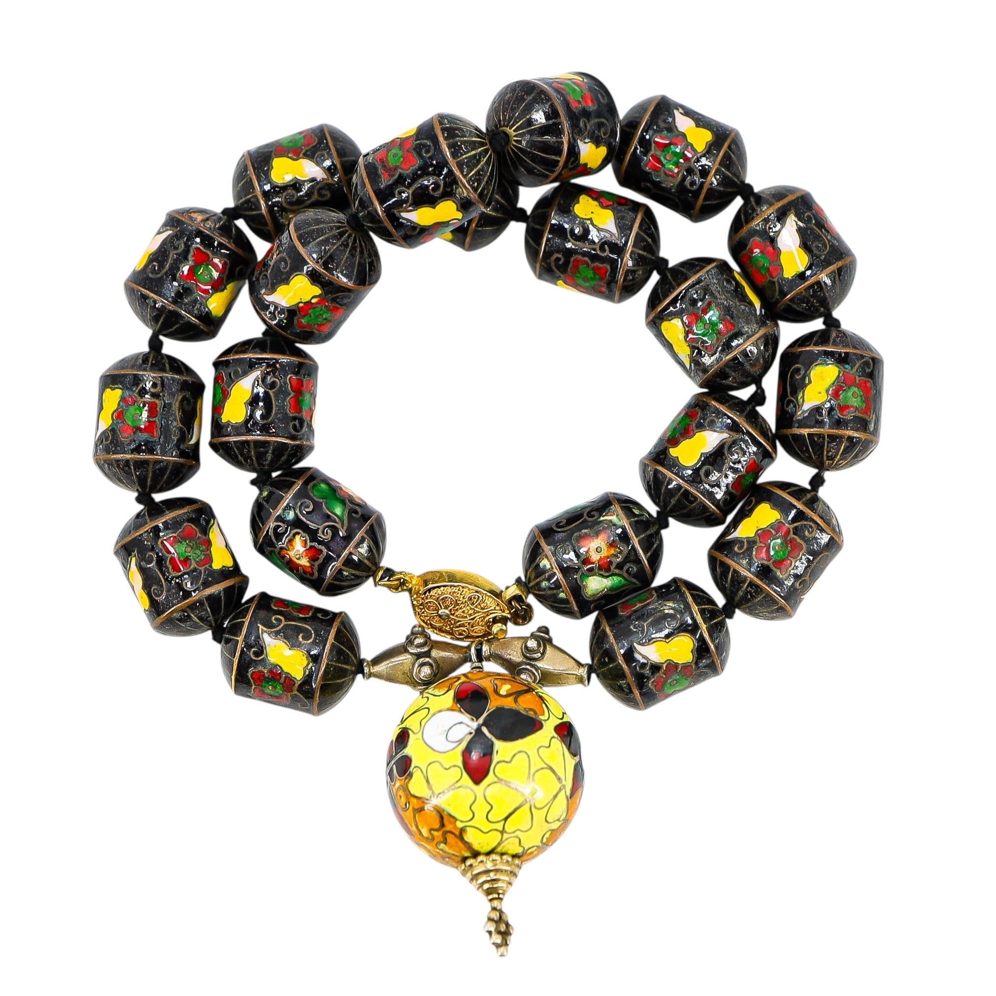 Vintage Black Lantern Cloisonné Bead Necklace with Large Orb Pendant