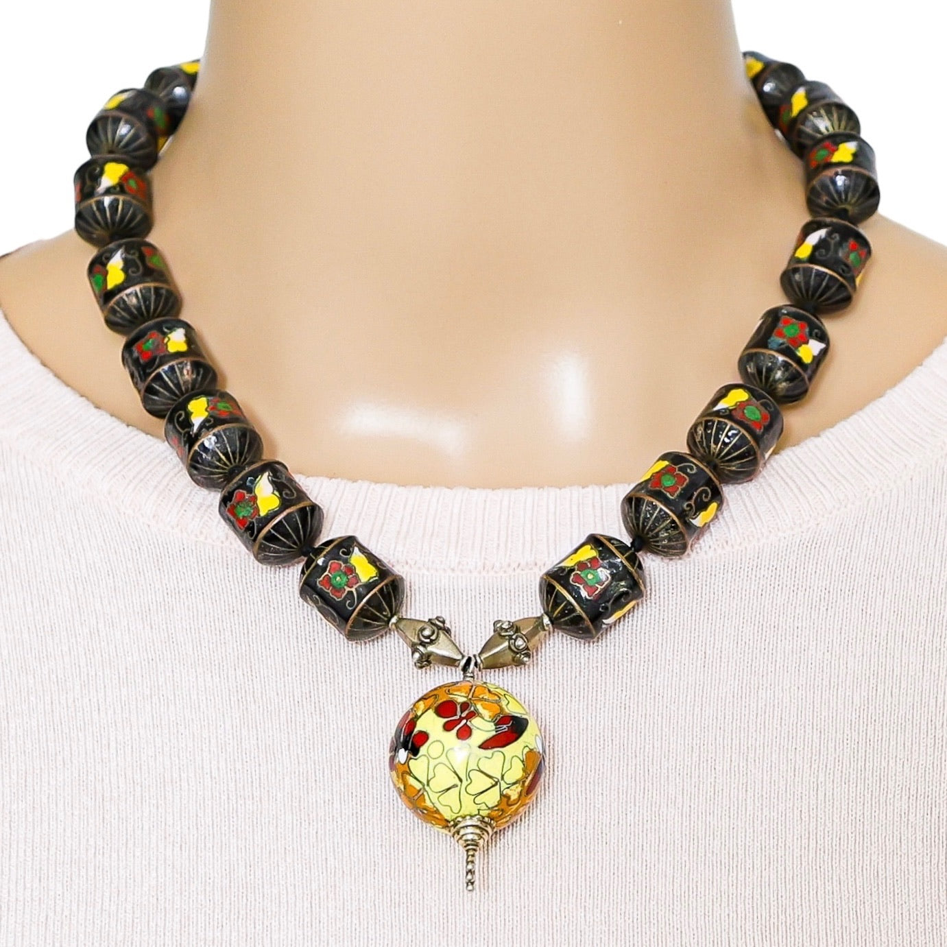 Vintage Black Lantern Cloisonné Bead Necklace with Large Orb Pendant