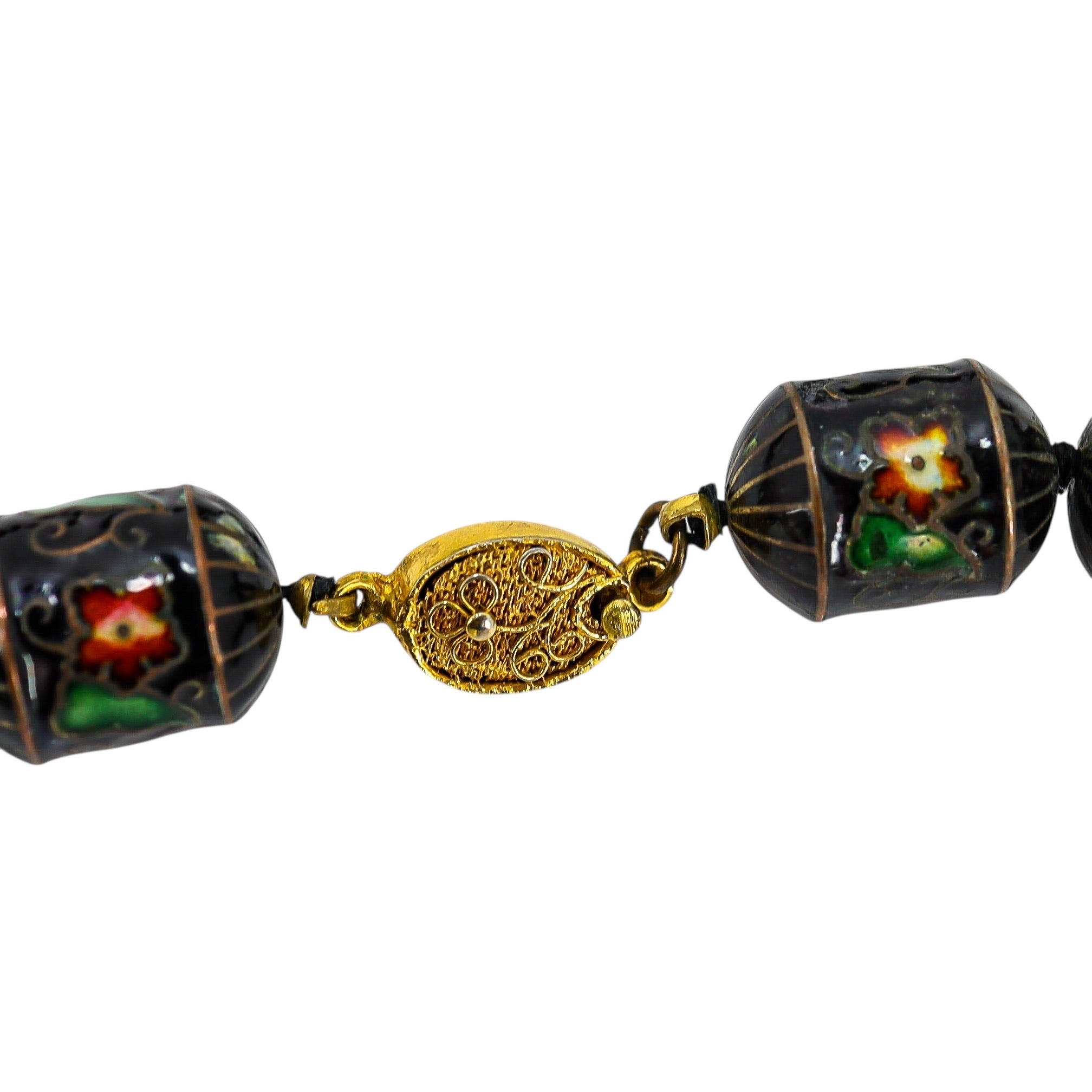 Vintage Black Lantern Cloisonné Bead Necklace with Large Orb Pendant