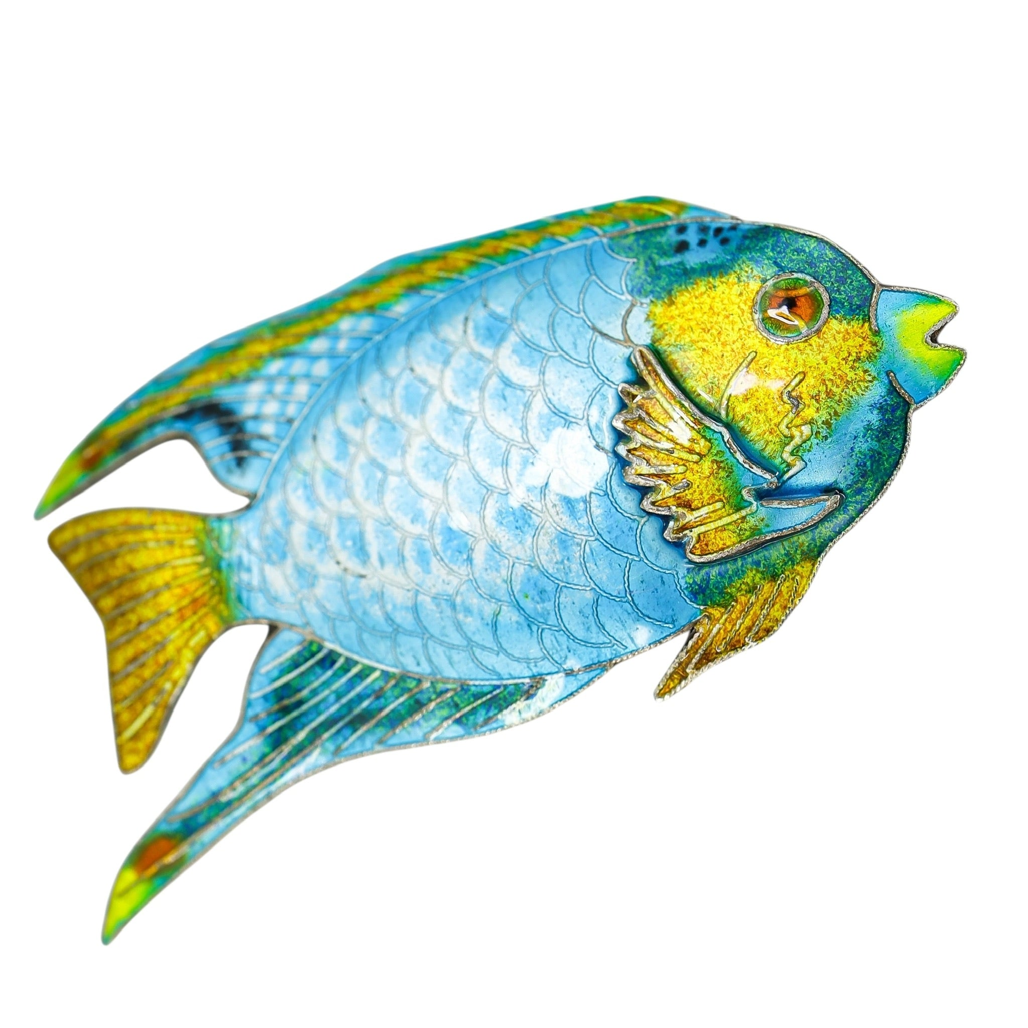 Vintage Blue Enamel Tropical Angel Fish Brooch Silver Plated