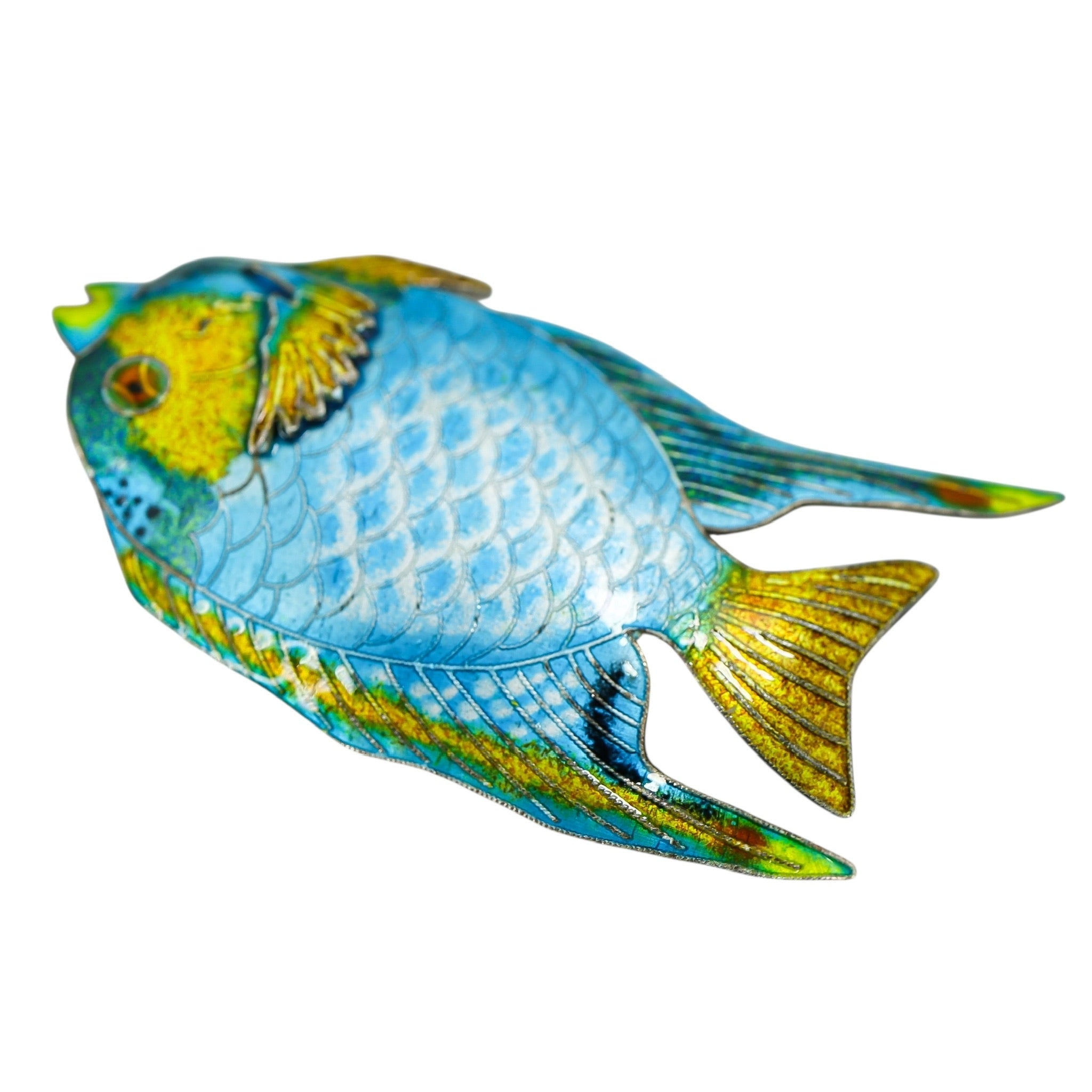 Vintage Blue Enamel Tropical Angel Fish Brooch Silver Plated