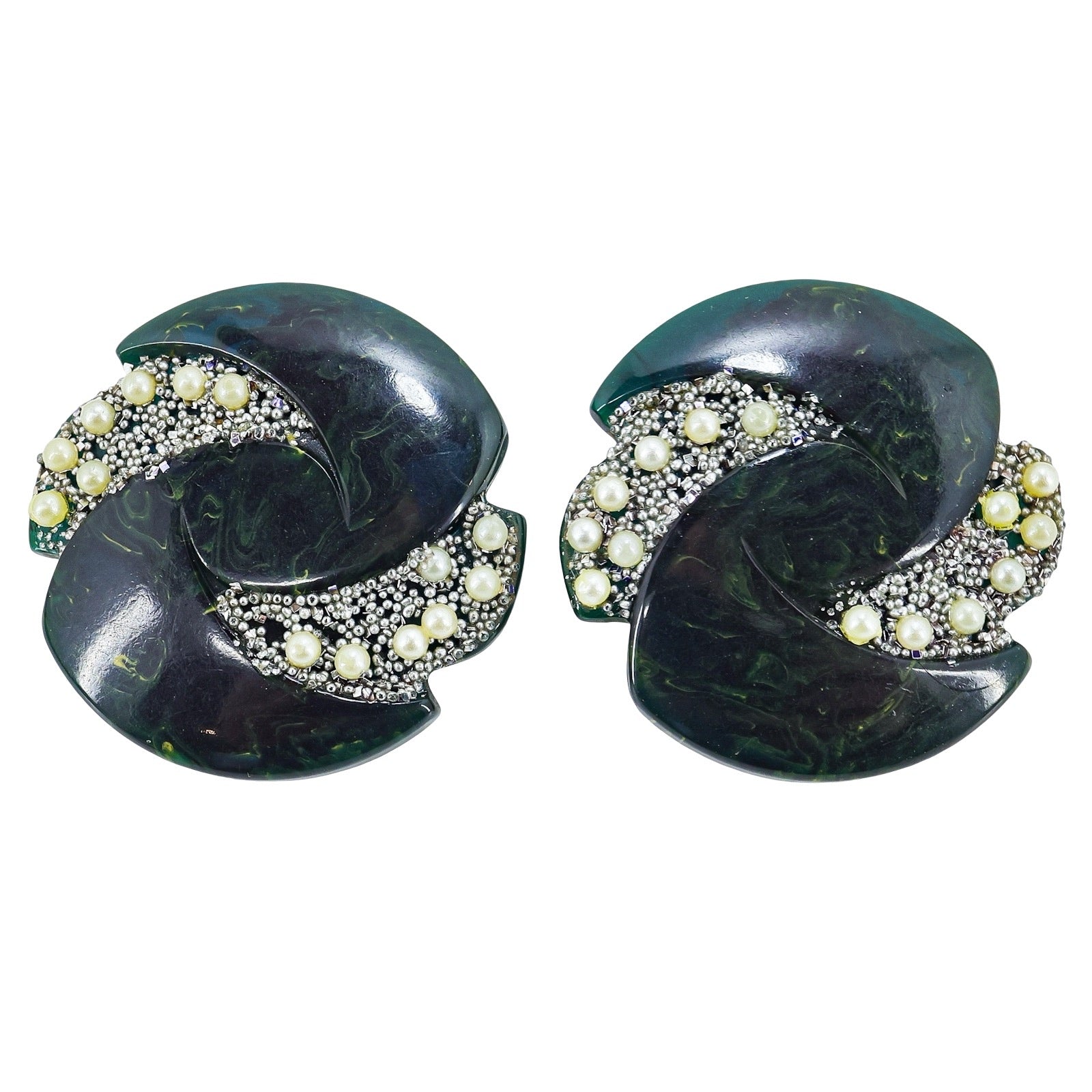 Blue Moon Bakelite & Seed Pearls Large Pierced Earrings Marbled Swirls Translucent Spinach Green