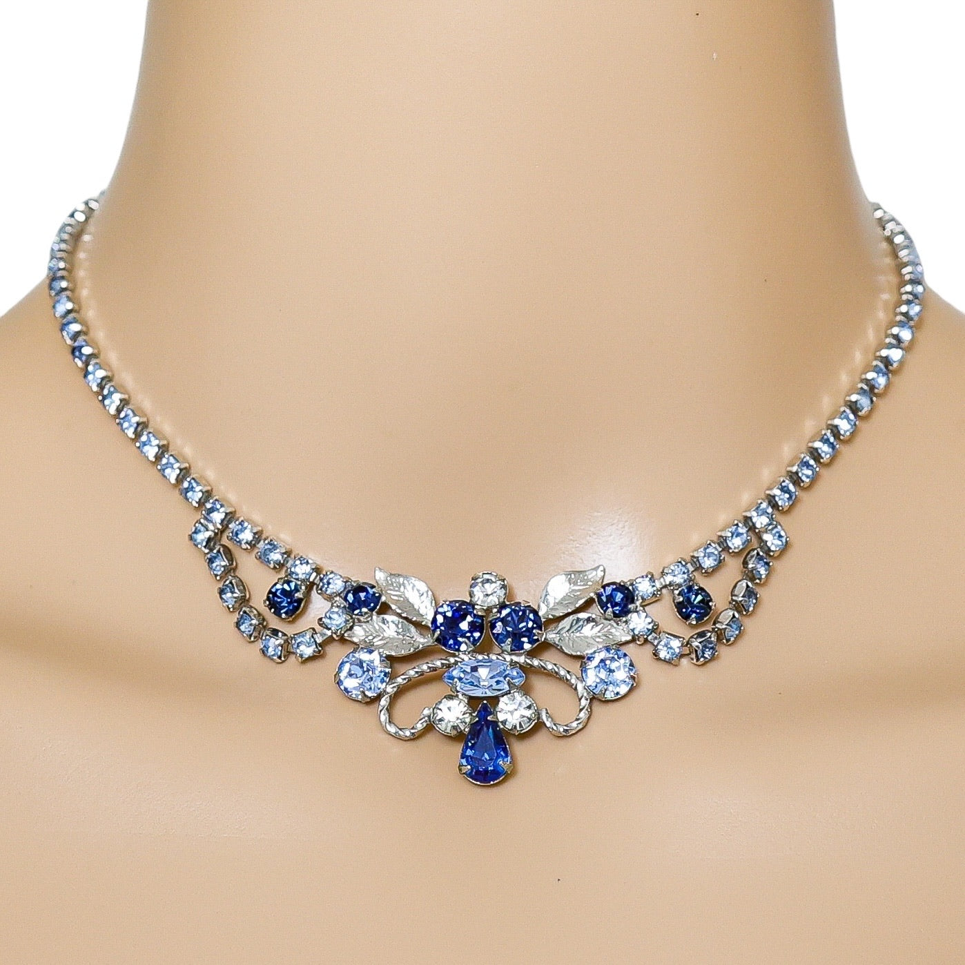 Vintage MCM Blue Rhinestone Choker In Silver Tone