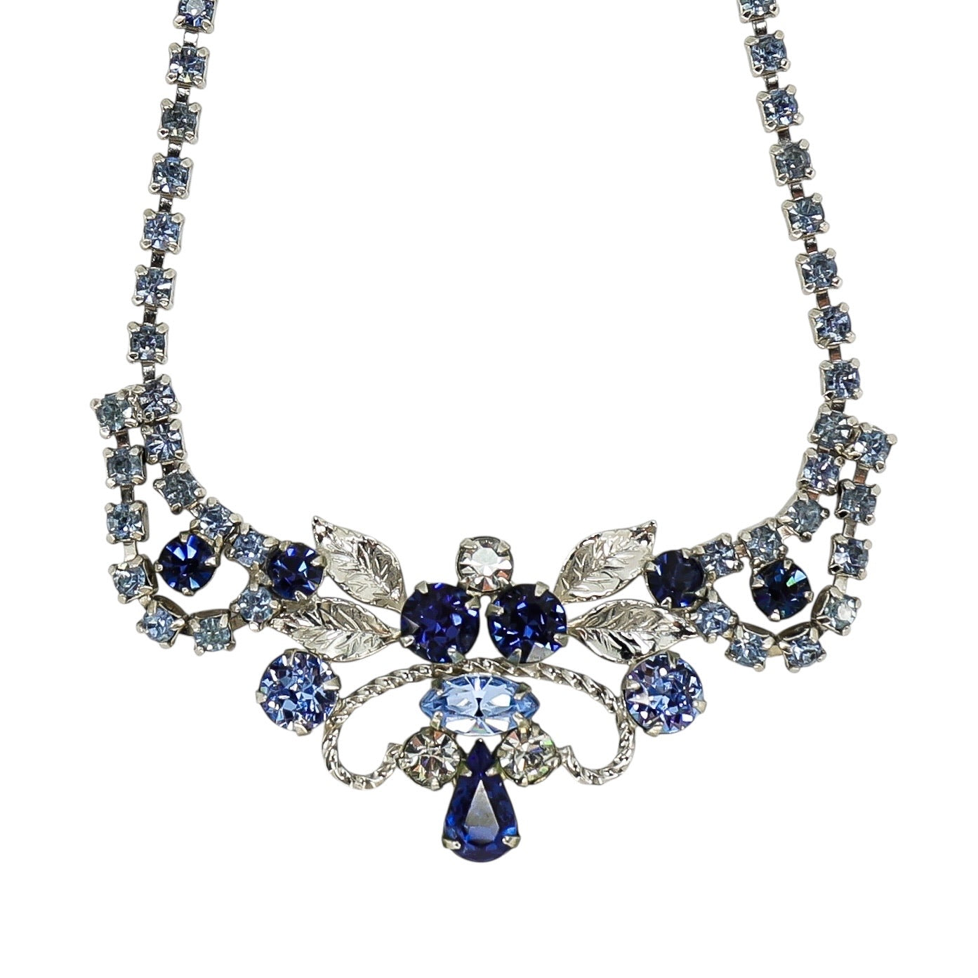 Vintage MCM Blue Rhinestone Choker In Silver Tone