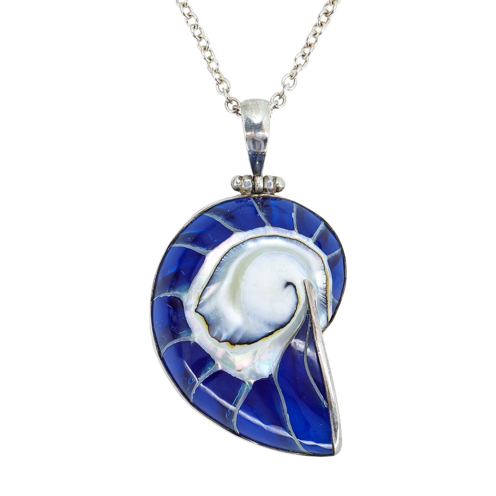 Sterling Silver Nautilus Shell Pendant Necklace – Blue Resin Inlay - Statement