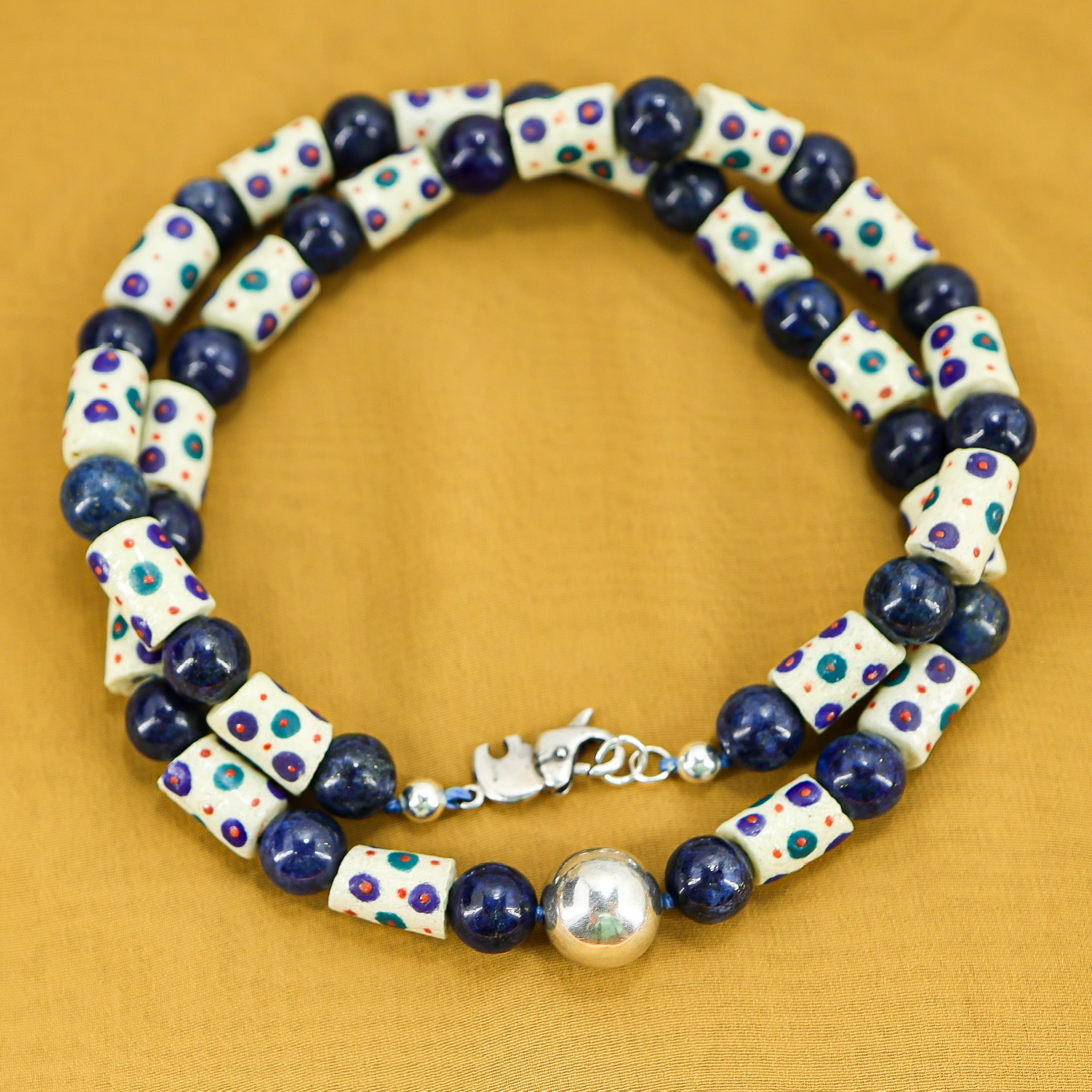 Undyed Natural Lapis Lazuli Ghana Krobo Beads & Sterling Boho Necklace