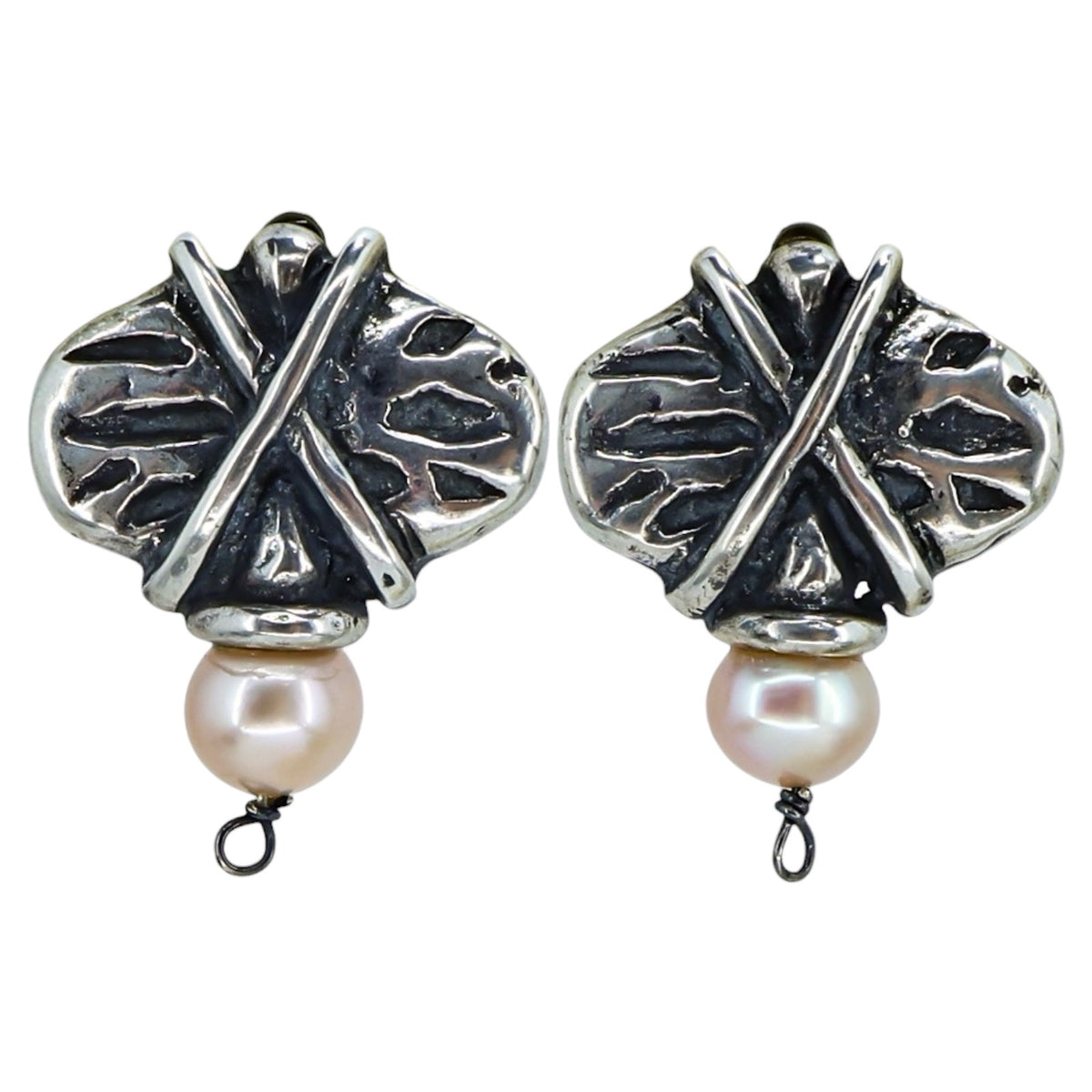 Artisan Brutalist Modernist Sterling Silver Pearl Earrings 10.3g Unmarked Tested
