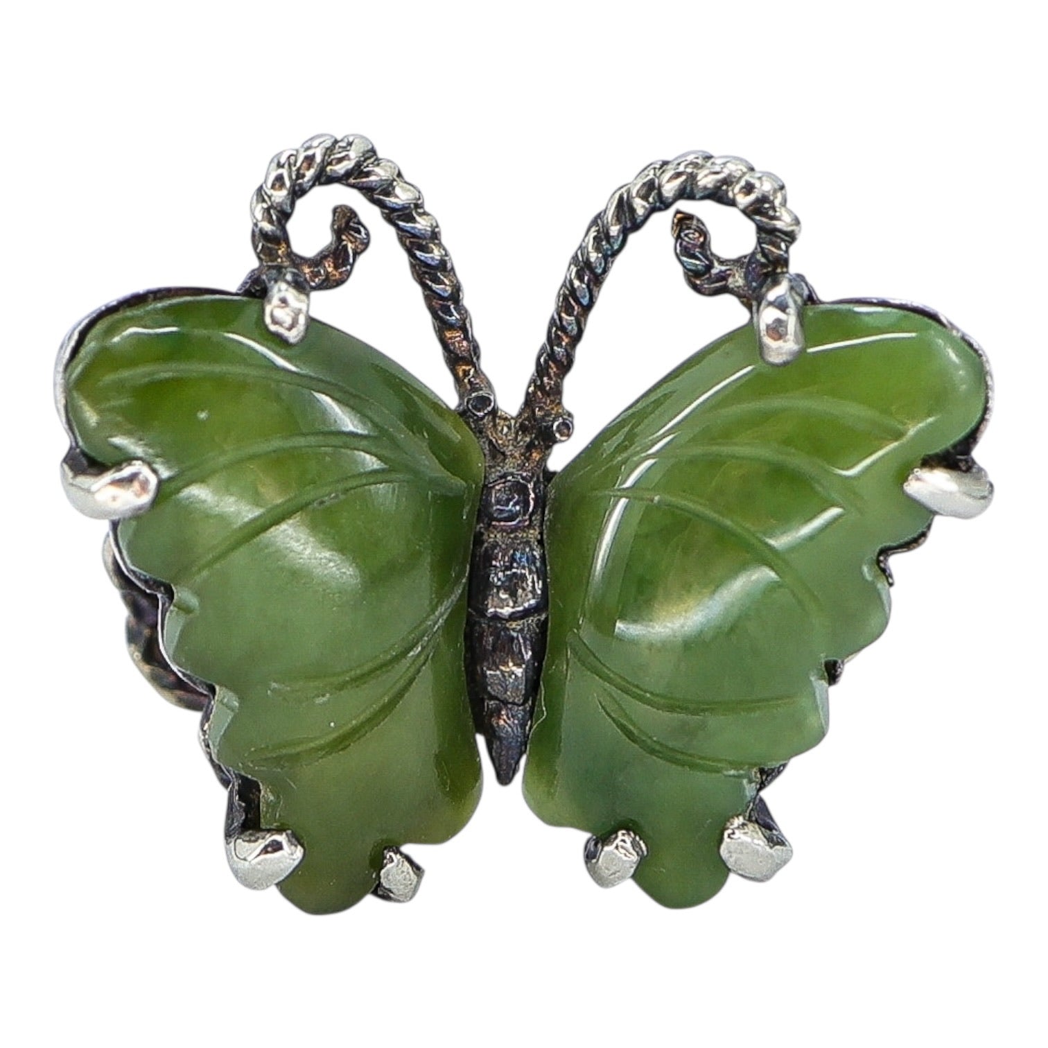 Vintage Nephrite Butterfly Pinky Ring — Sculptural Artisan Sterling Silver Size 5.5