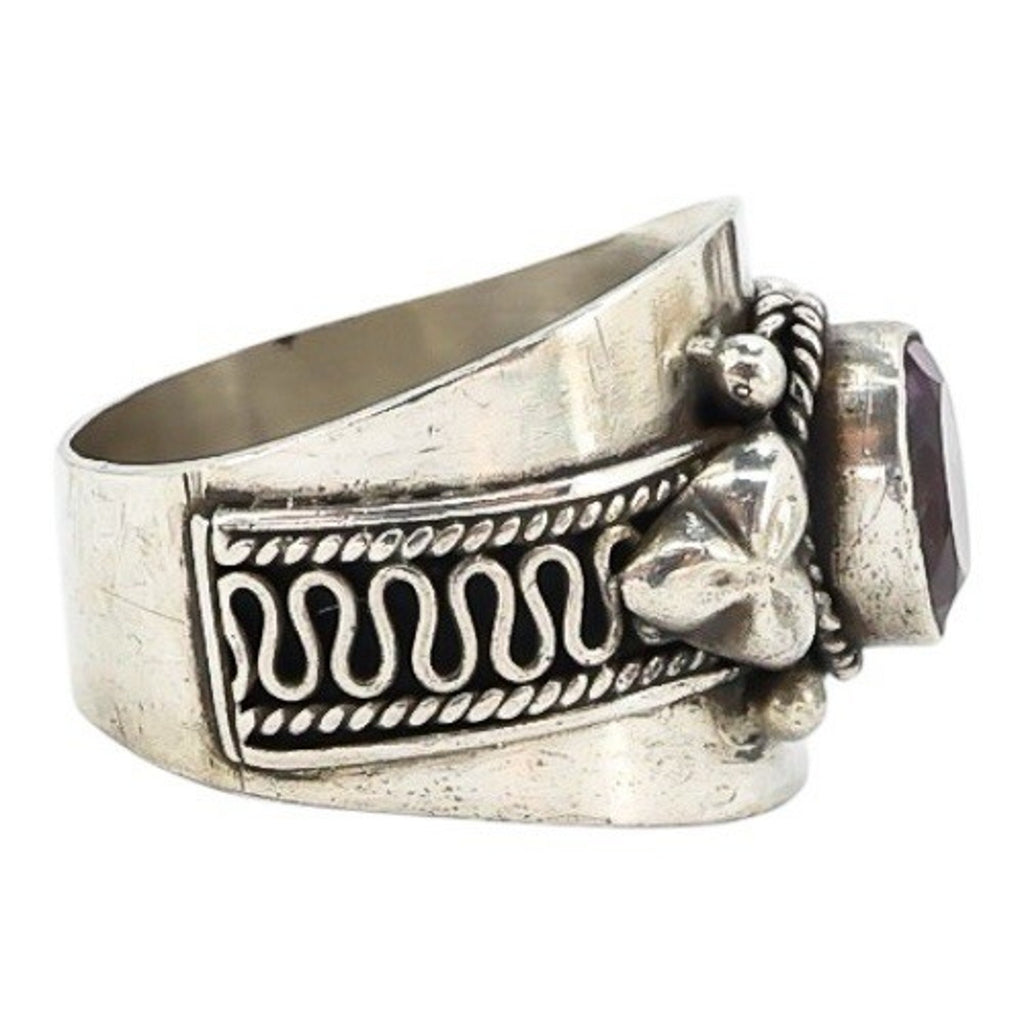 Sterling Silver Wide Band Ring W Bezel Set Amethyst Ornate Scroll Design Size 7