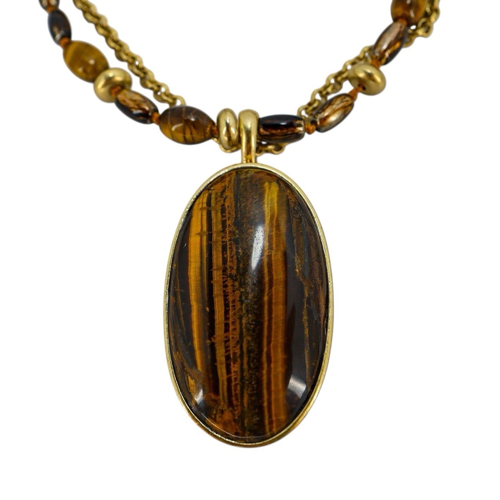 Signed Monet Statement Goldtone And Tiger Eye Necklace With Detachable Pendant