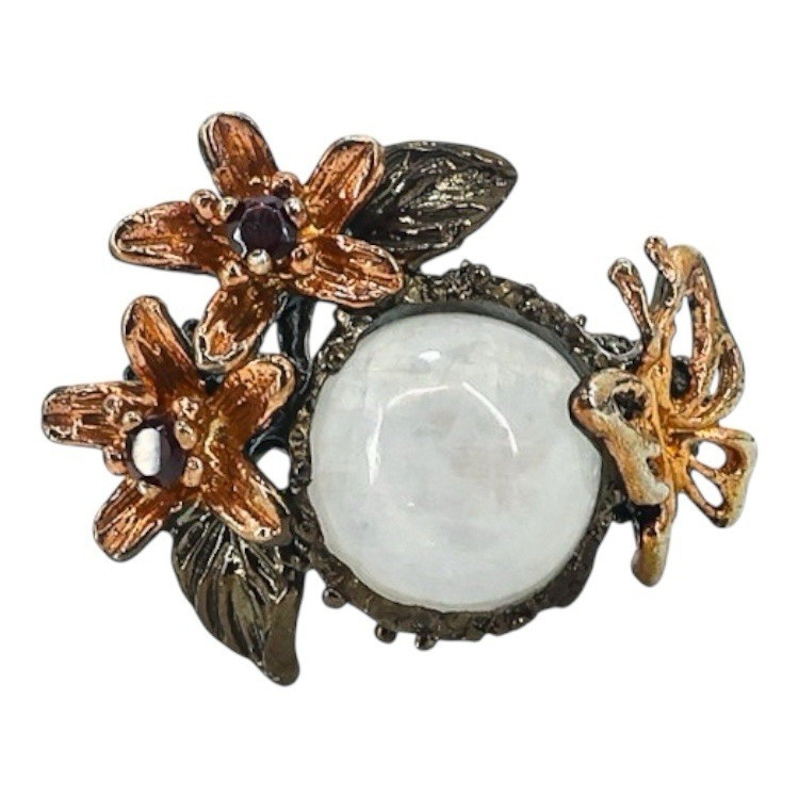 Sterling Silver Whimsical Garden Ring W Moonstone Flowers & Butterfly Size 8.5