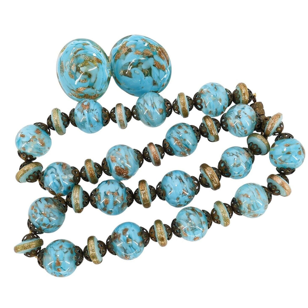 Vintage Murano Glass Jewelry Set Blue Aventurine Sommerso Beads Signed Italy