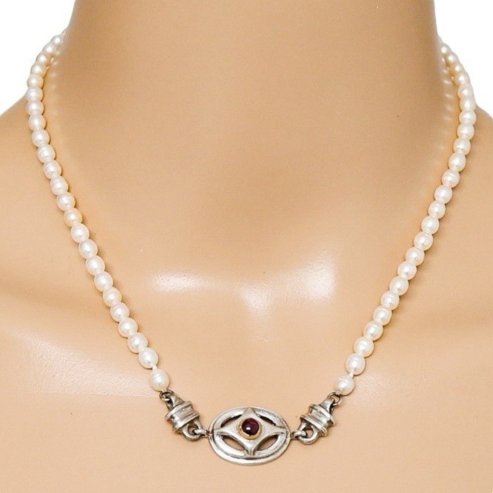 Artisan Sterling Silver & Freshwater Pearl Necklace W Garnet Centerpiece 18”