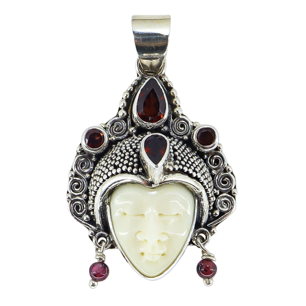 Novica 925 Sterling Silver Garnet Carved Goddess Face Pendant 1.5"