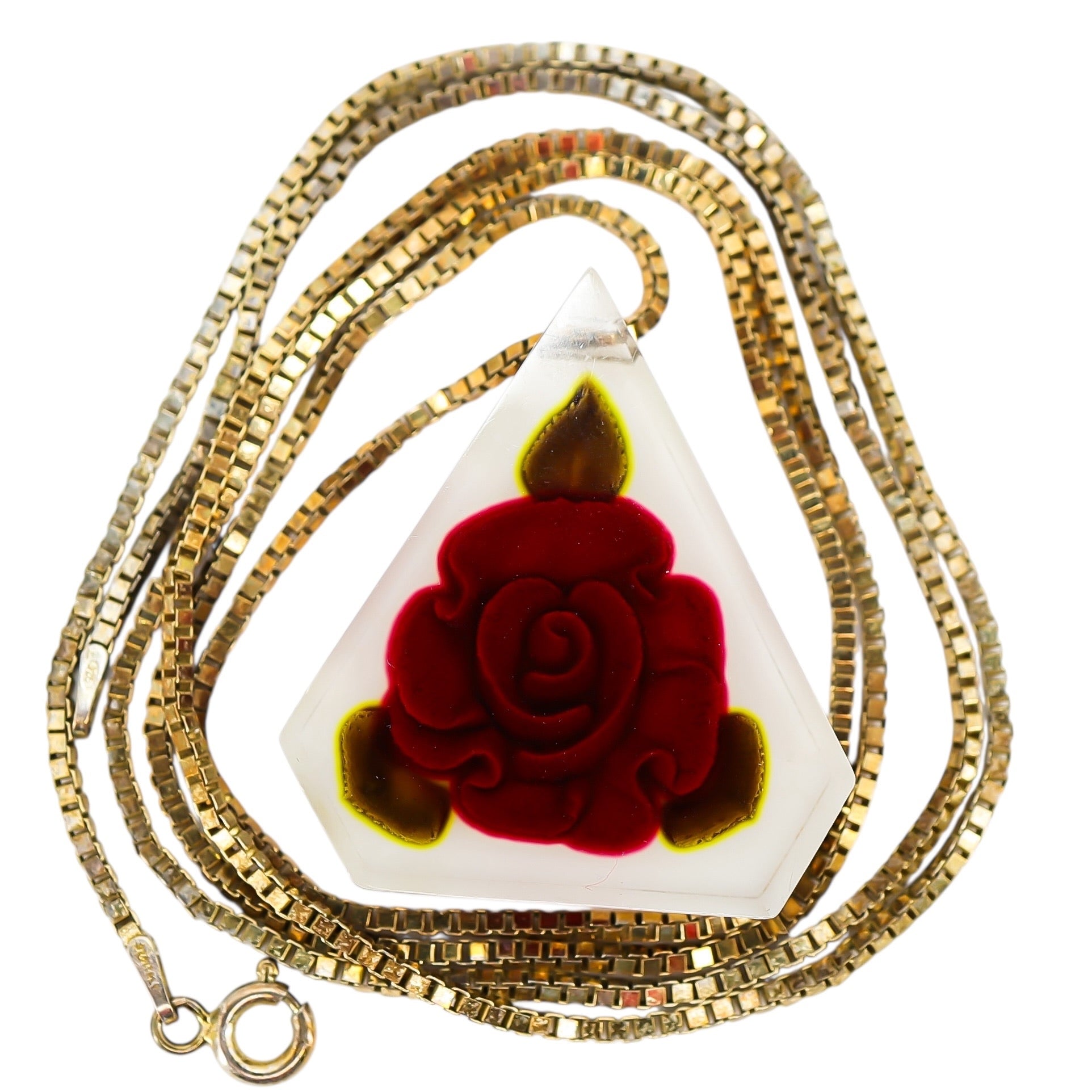 Vintage Reverse-Carved Lucite Pendant Necklace W Rose Motif On 925 Box Chain - 29" Italy