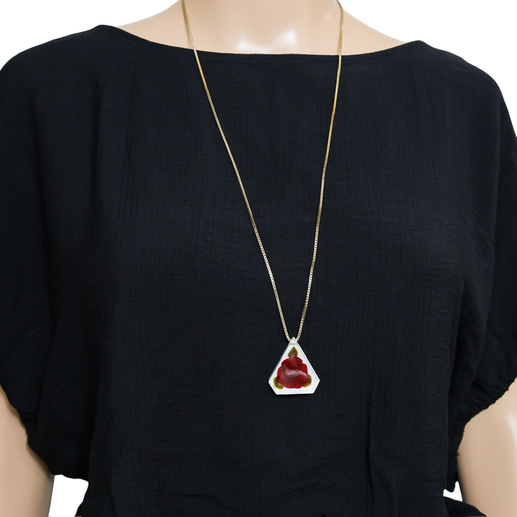 Vintage Reverse-Carved Lucite Pendant Necklace W Rose Motif On 925 Box Chain - 29" Italy