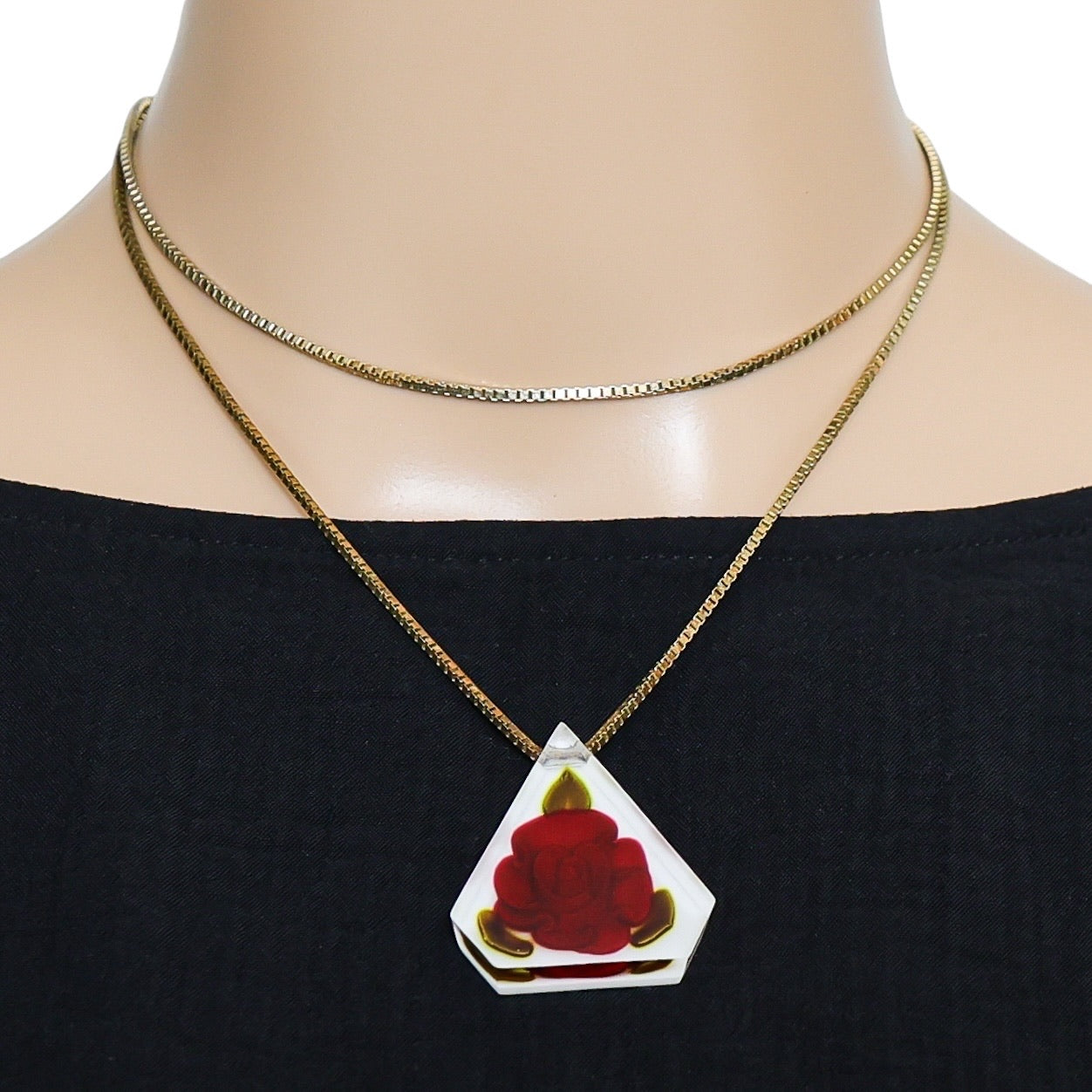 Vintage Reverse-Carved Lucite Pendant Necklace W Rose Motif On 925 Box Chain - 29" Italy
