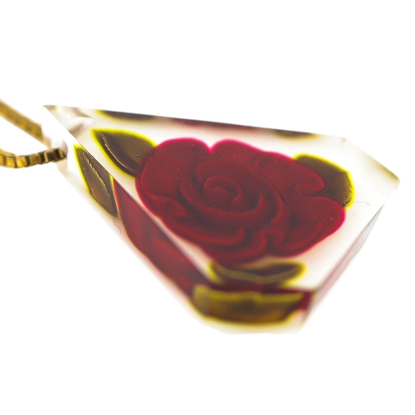 Vintage Reverse-Carved Lucite Pendant Necklace W Rose Motif On 925 Box Chain - 29" Italy