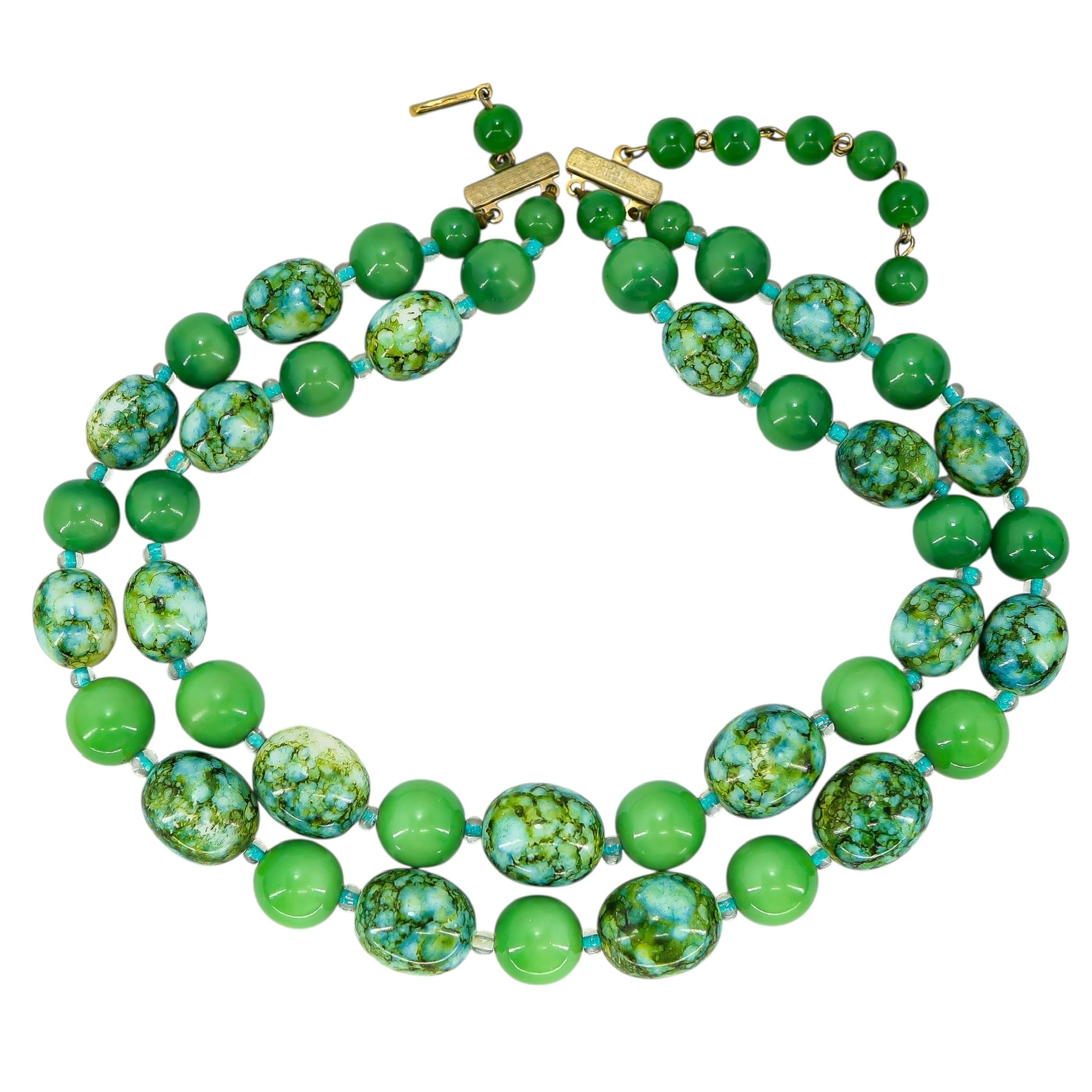 Signed Castlecliff Green Galalith Bead Necklace 2-Strand