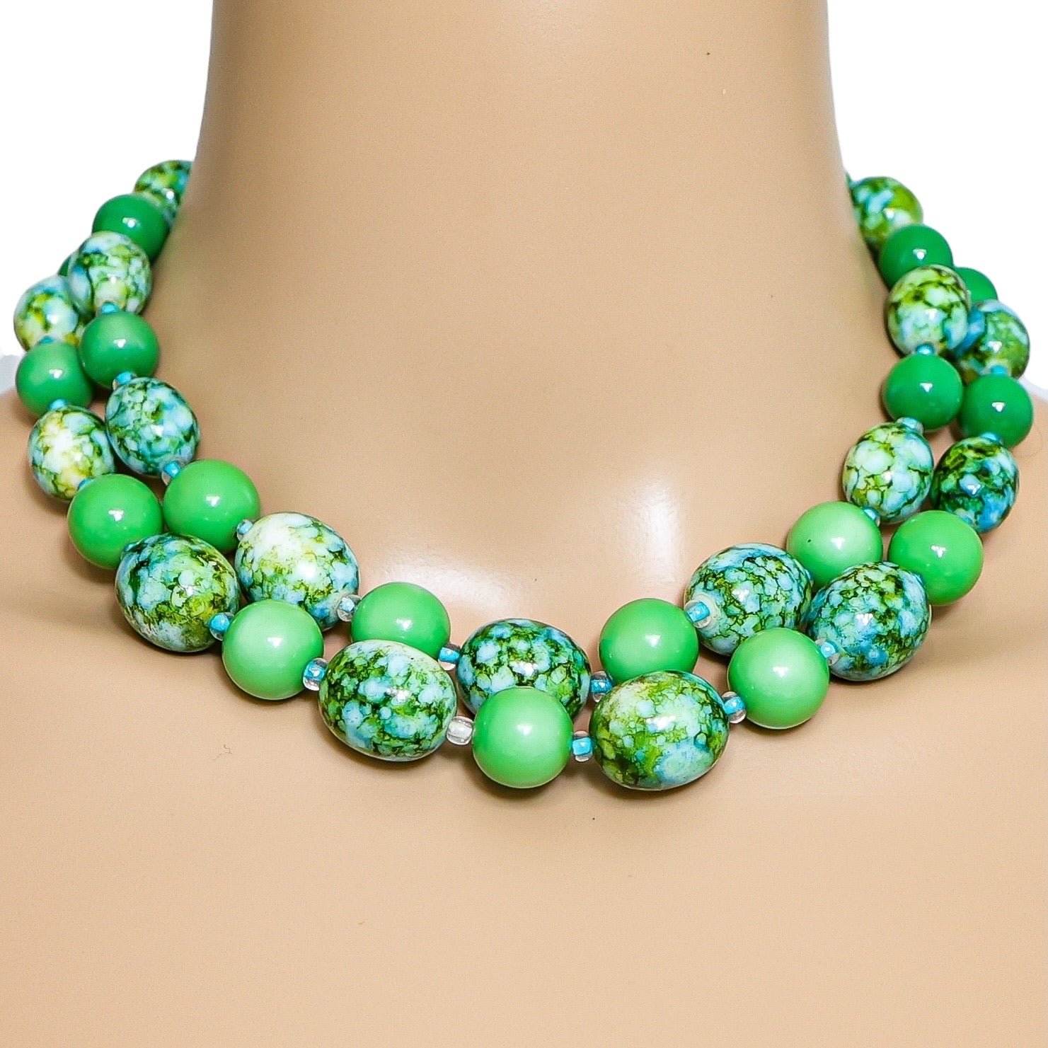 Signed Castlecliff Green Galalith Bead Necklace 2-Strand