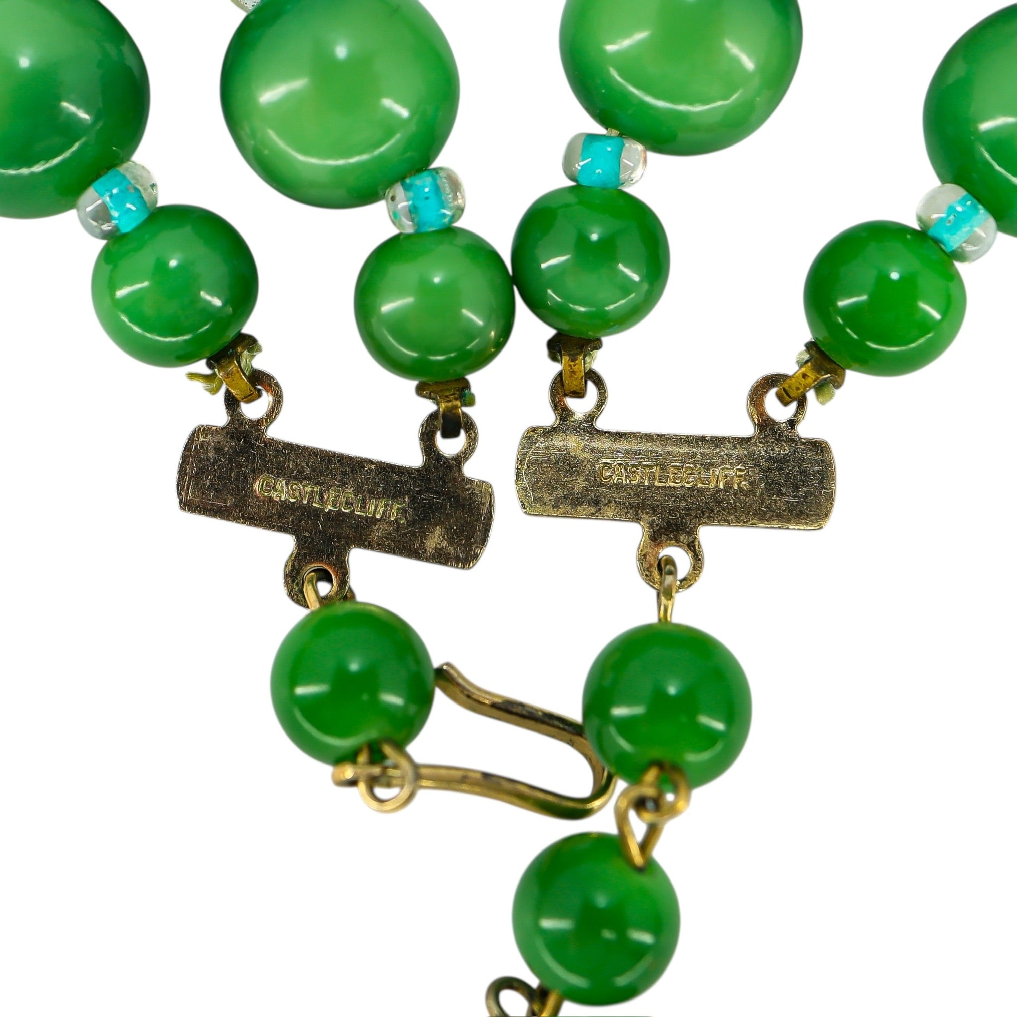 Signed Castlecliff Green Galalith Bead Necklace 2-Strand
