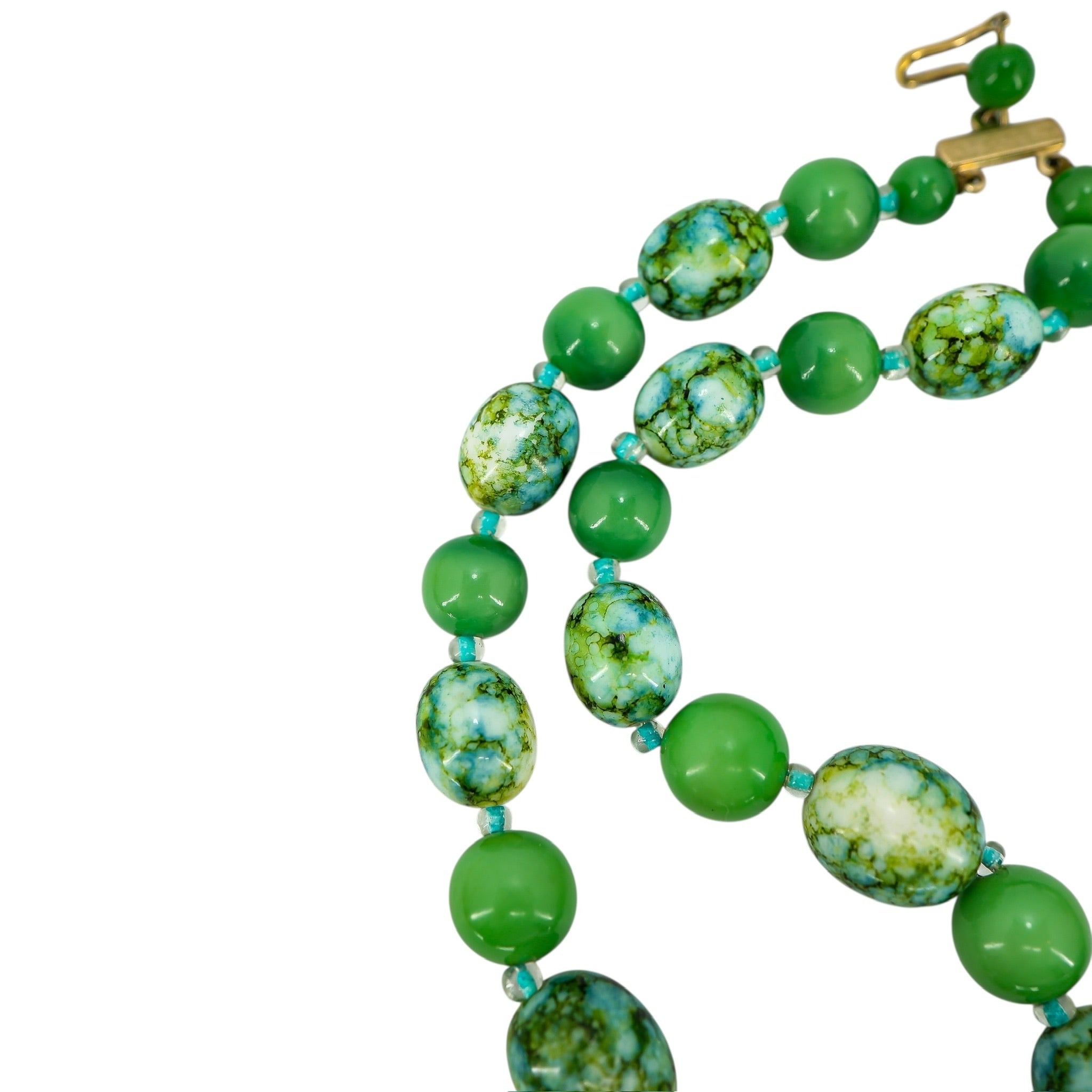 Signed Castlecliff Green Galalith Bead Necklace 2-Strand