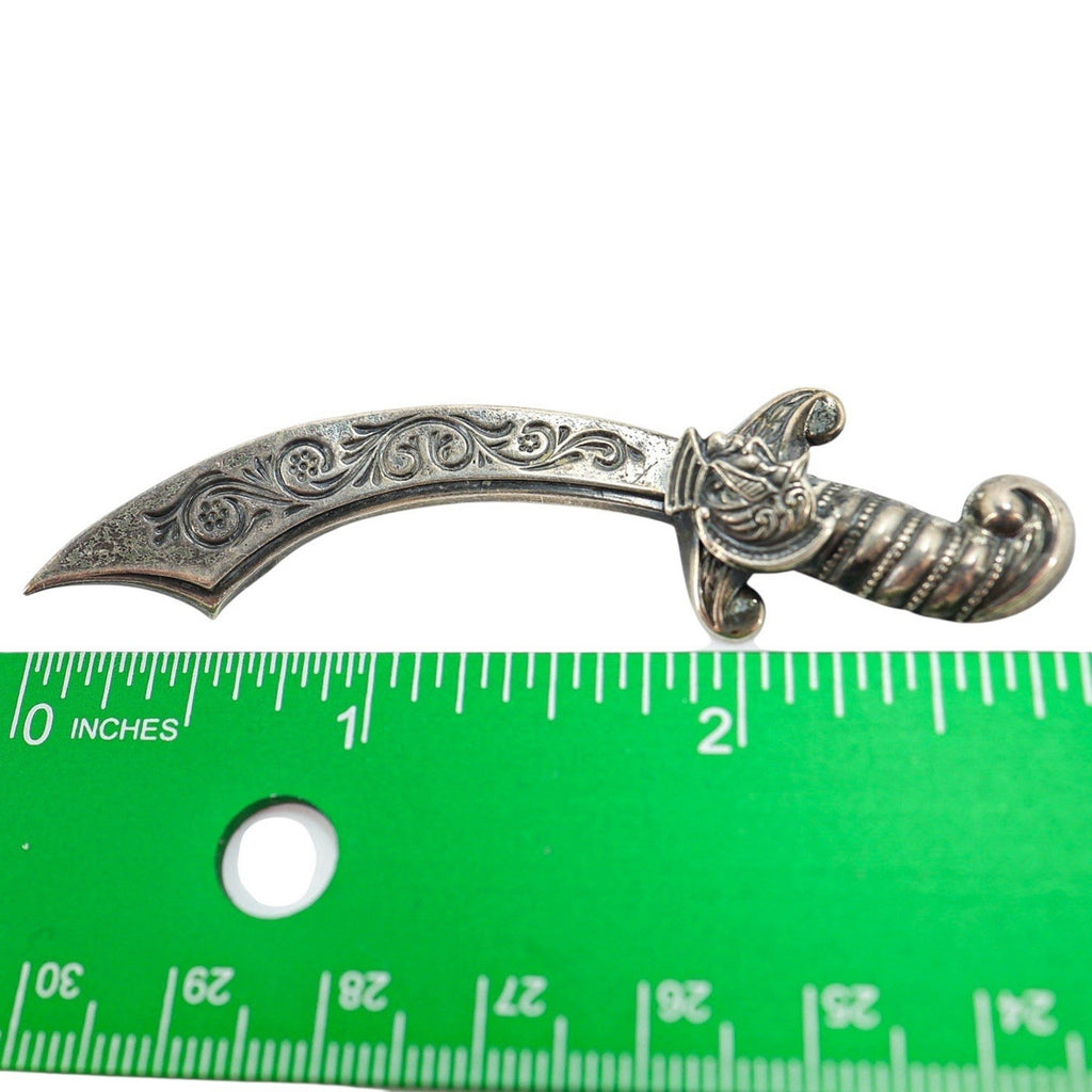 Vintage Sterling Silver Scimitar Sword Brooch 3” Etched Floral Fraternal Masonic