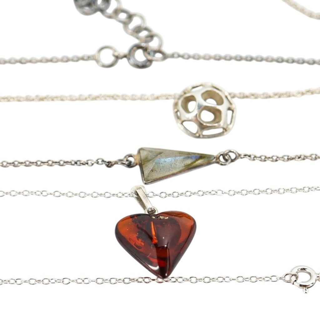 Lot Of 3 Stackable Sterling Silver Layered Necklace Set Labradorite Amber Boho