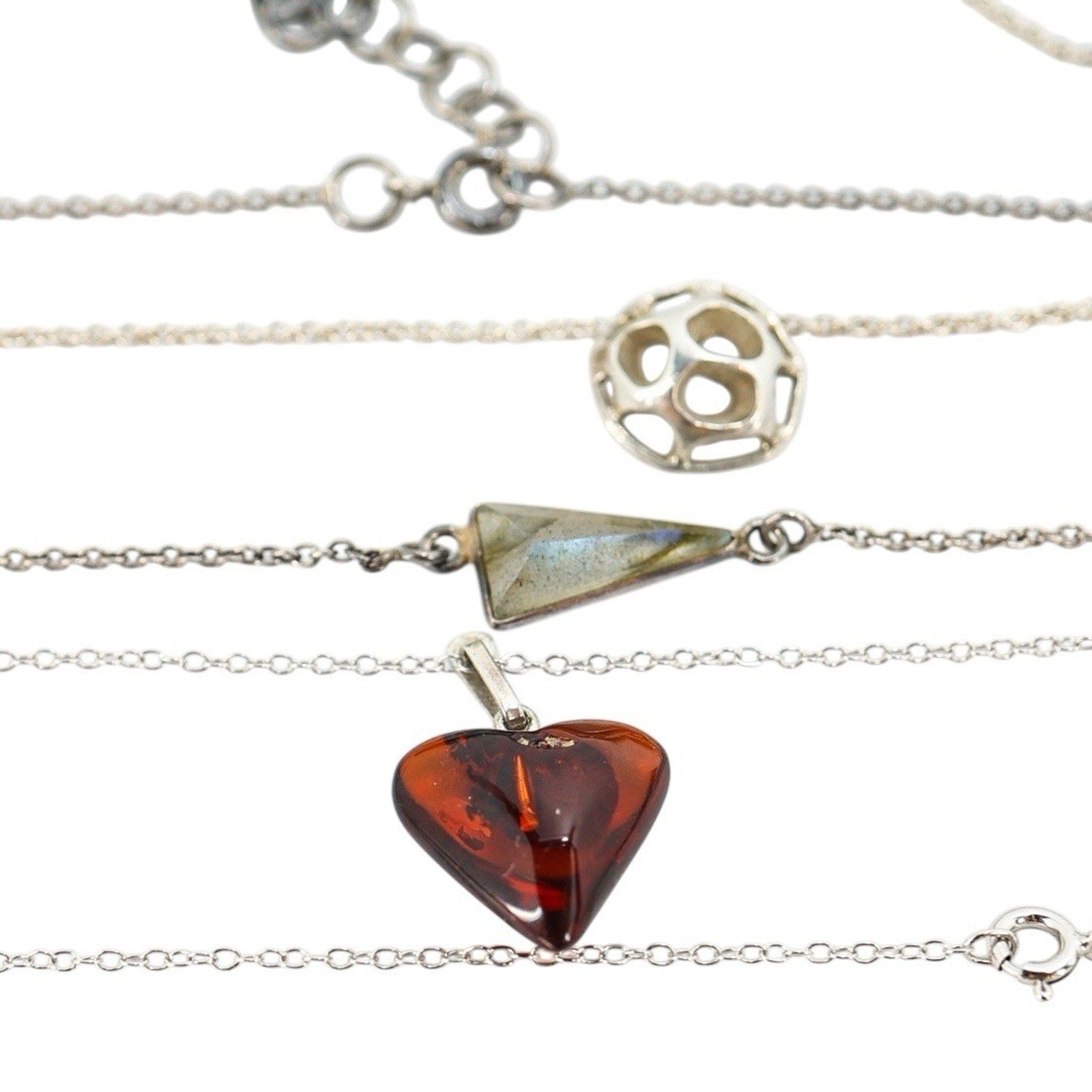 Lot Of 3 Stackable Sterling Silver Layered Necklace Set Labradorite Amber Boho