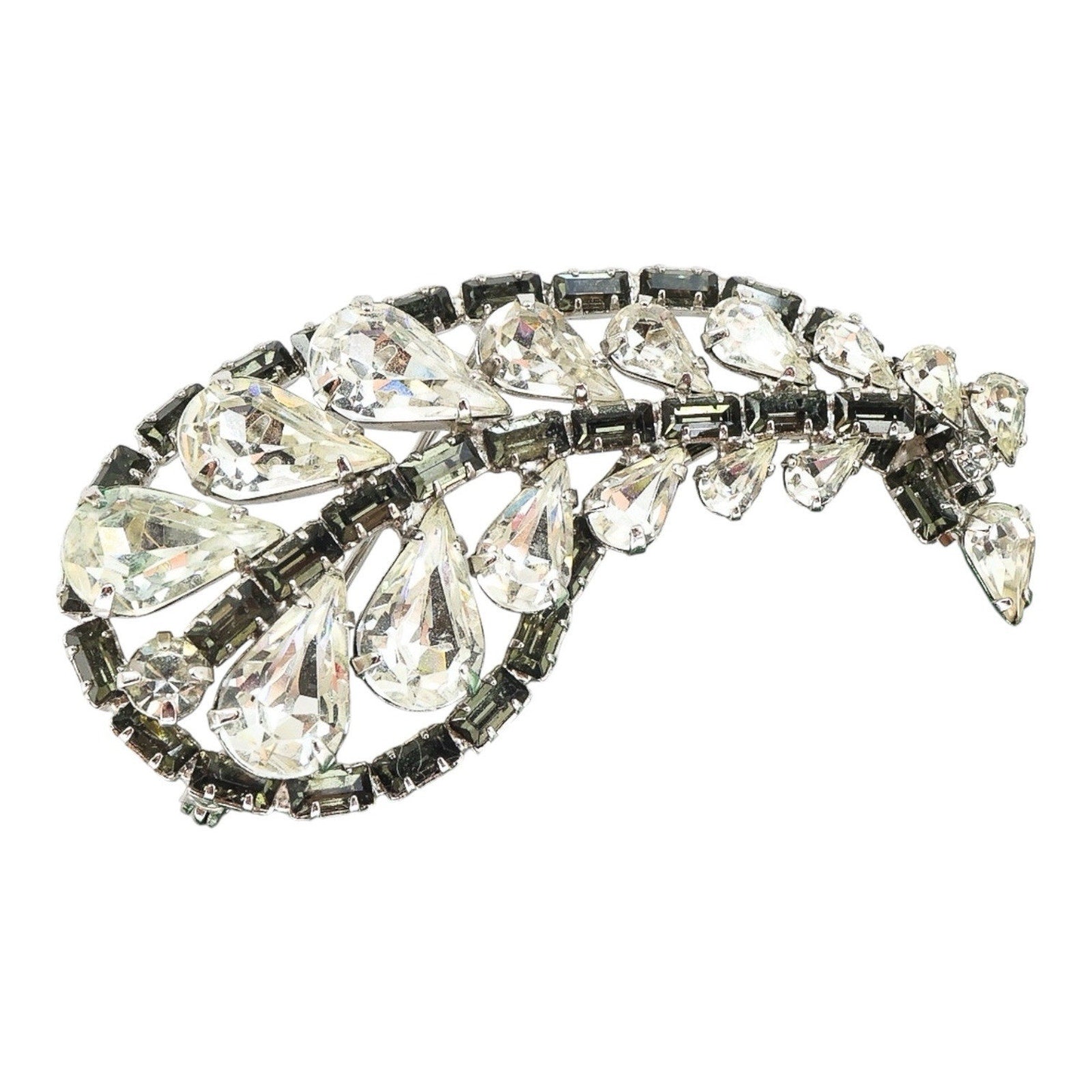 Large Vintage Mid Century Gray Smoky Clear Rhinestone Brooch Leaf Shape 2.25”