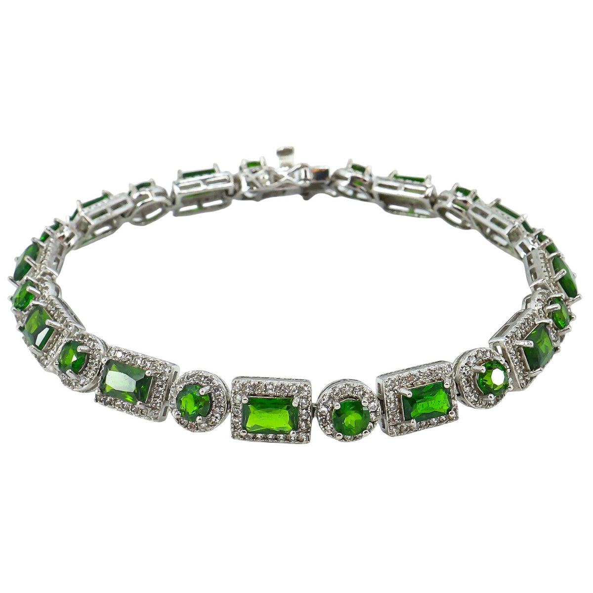 FZN 8.98ctw Chrome Diopside White Zircon Sterling Silver Bracelet 8”