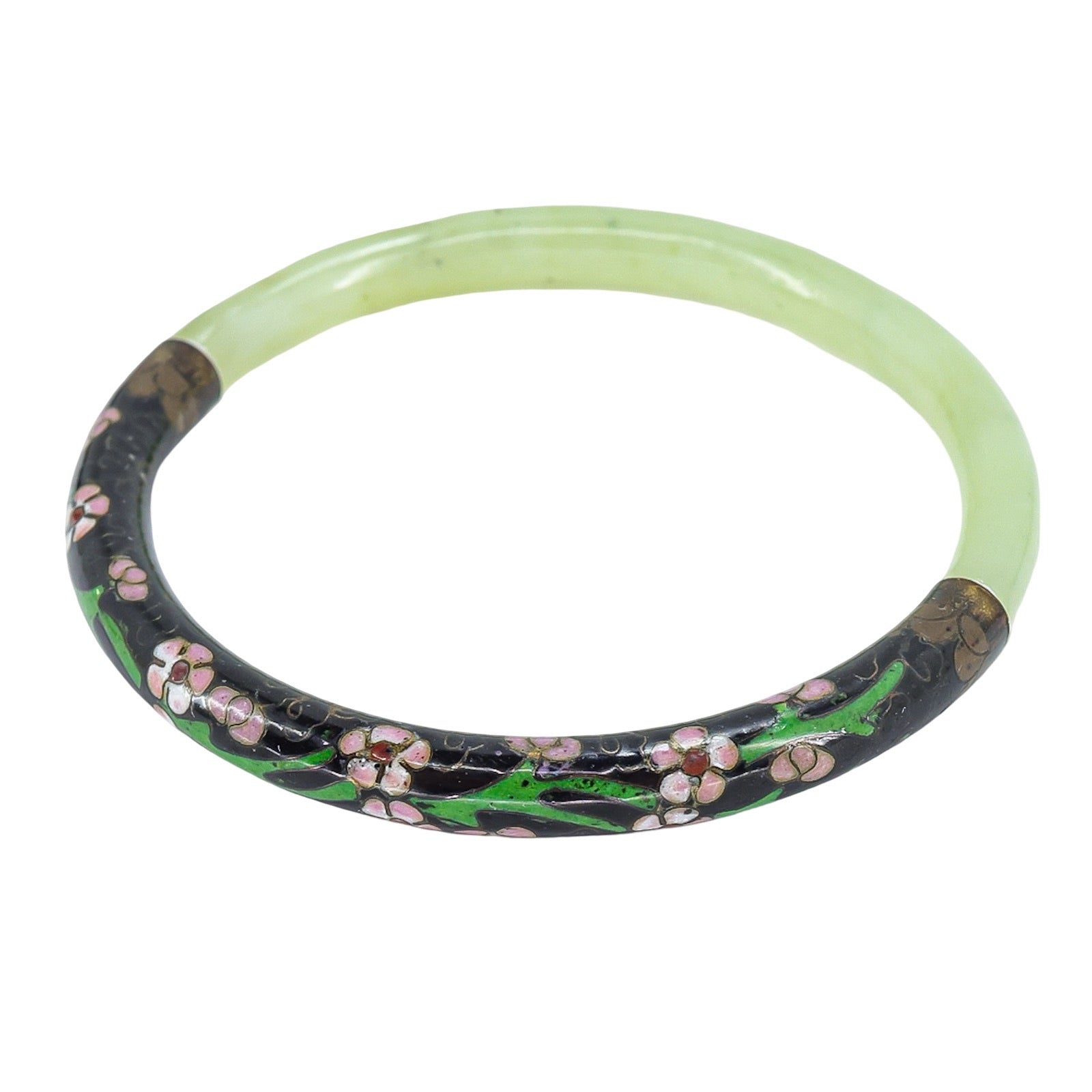 Vintage Cloisonne Green Stone Bangle Bracelet Floral 2.5” Chinese Export
